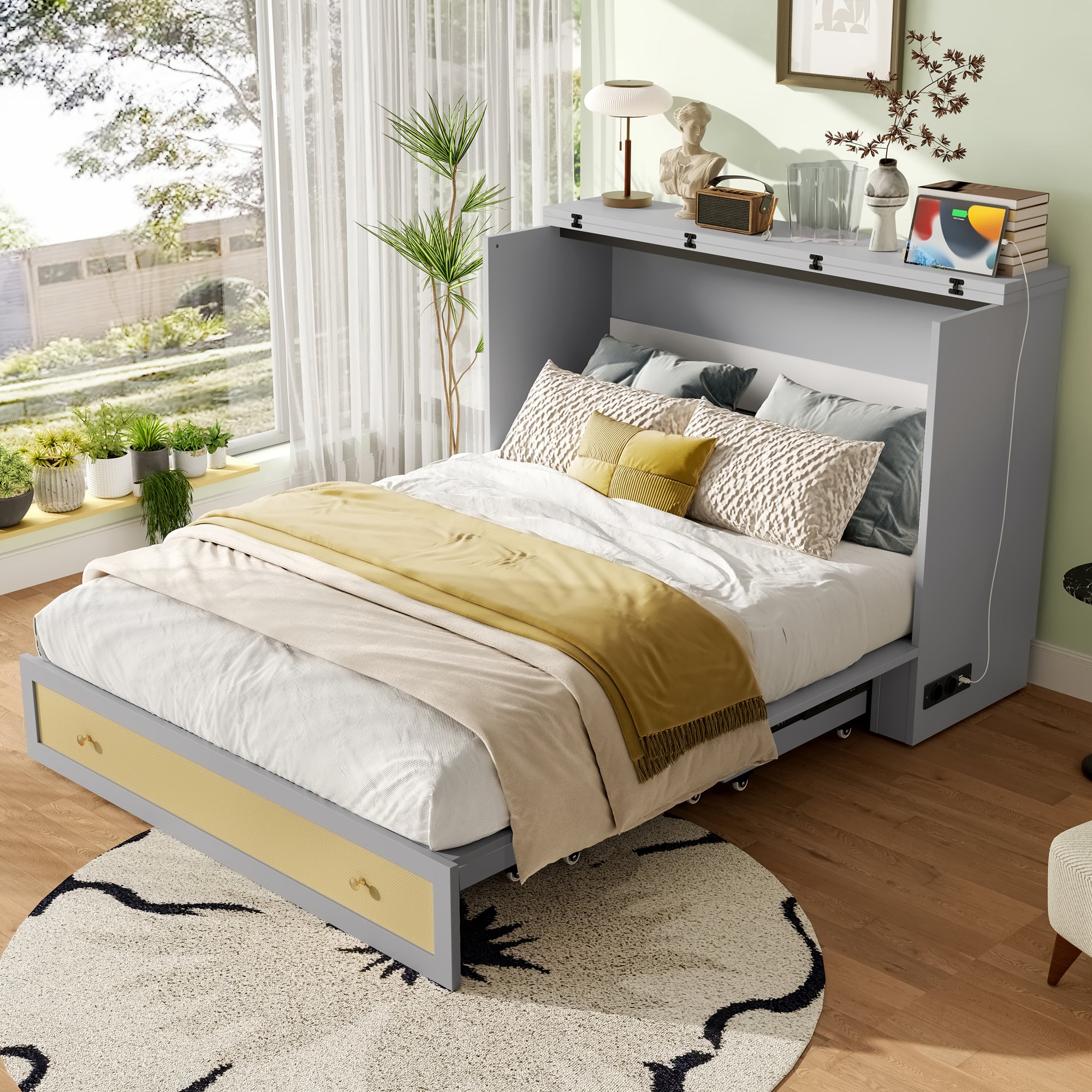 Wall Bed 140x200cm Mobile Convertible Storage Drawers Shelf USB/Power Outlet - Grey