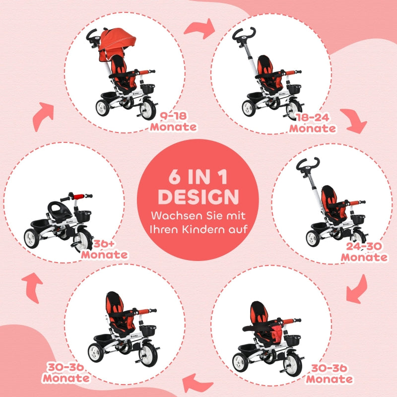 6 in 1 Tricycle with Push Bar, Safety Belt, Foldable, Removable Sunroof, Cup Holder, Basket, Pedal, up to 25 kg, for 1-5 Year Old Children, red