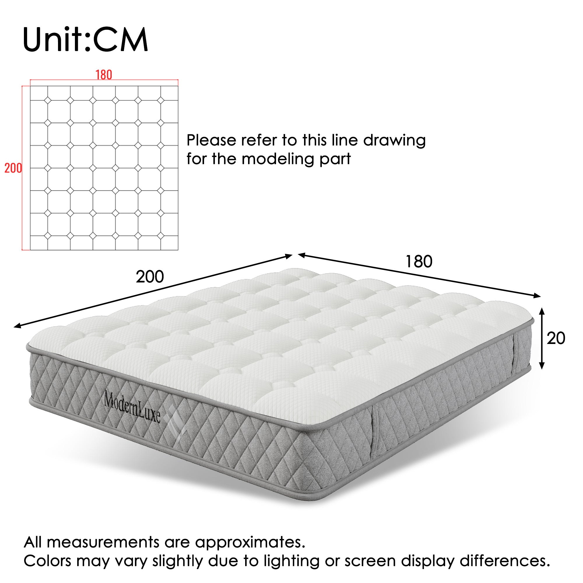 Orthopedic cold foam King mattress 180x200cm, 7-zone pocket spring core, H3 medium firm, 20cm height, vacuum packed