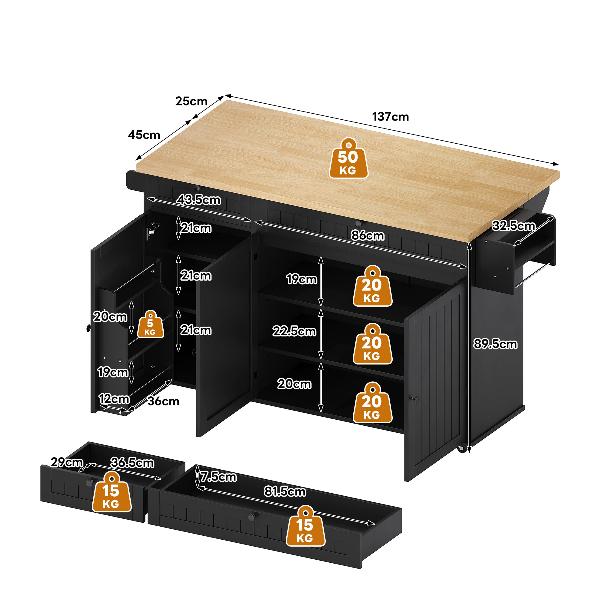 Kitchen Island Cabinet with Fold-Down Worktop, 6 Rolling Casters & Storage Drawers, Black