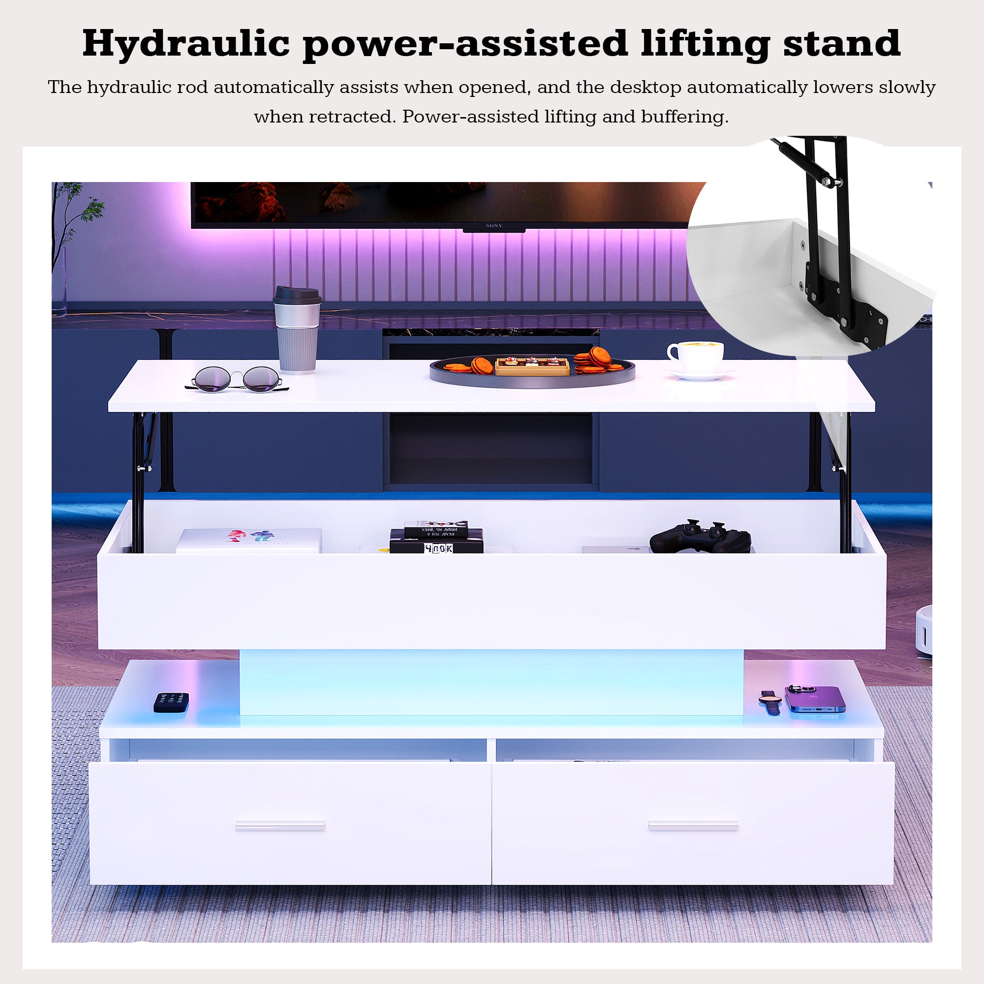 Hydraulic Height-Adjustable Coffee Table, LED Lighting, Bluetooth Control, 2 Drawers, White