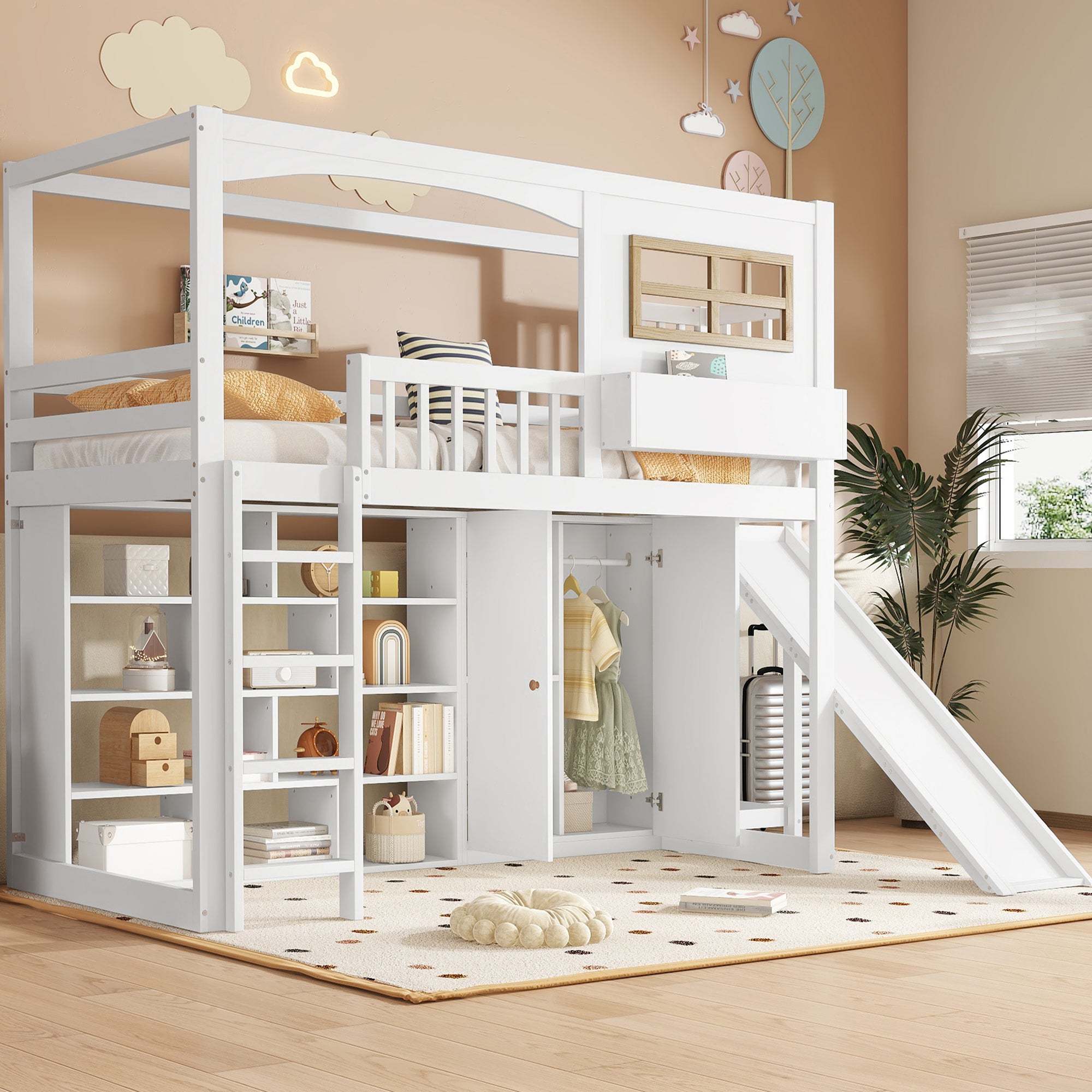 Bunk Bed Children's Slide Wardrobe Storage 90x200cm, Pine/White