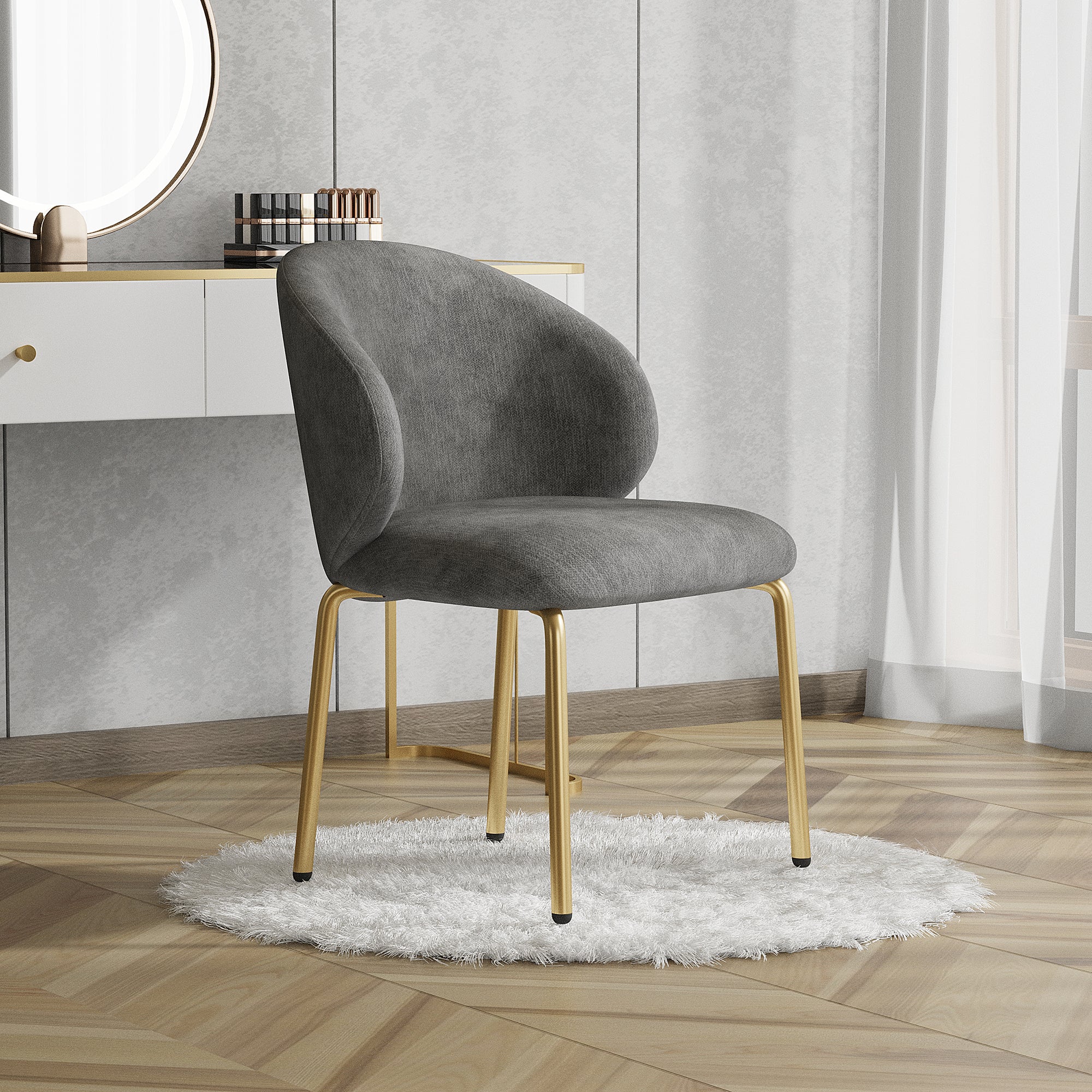 Dining Chairs and Lounge Chairs with Gold Legs, Set of 2, Grey Chenille