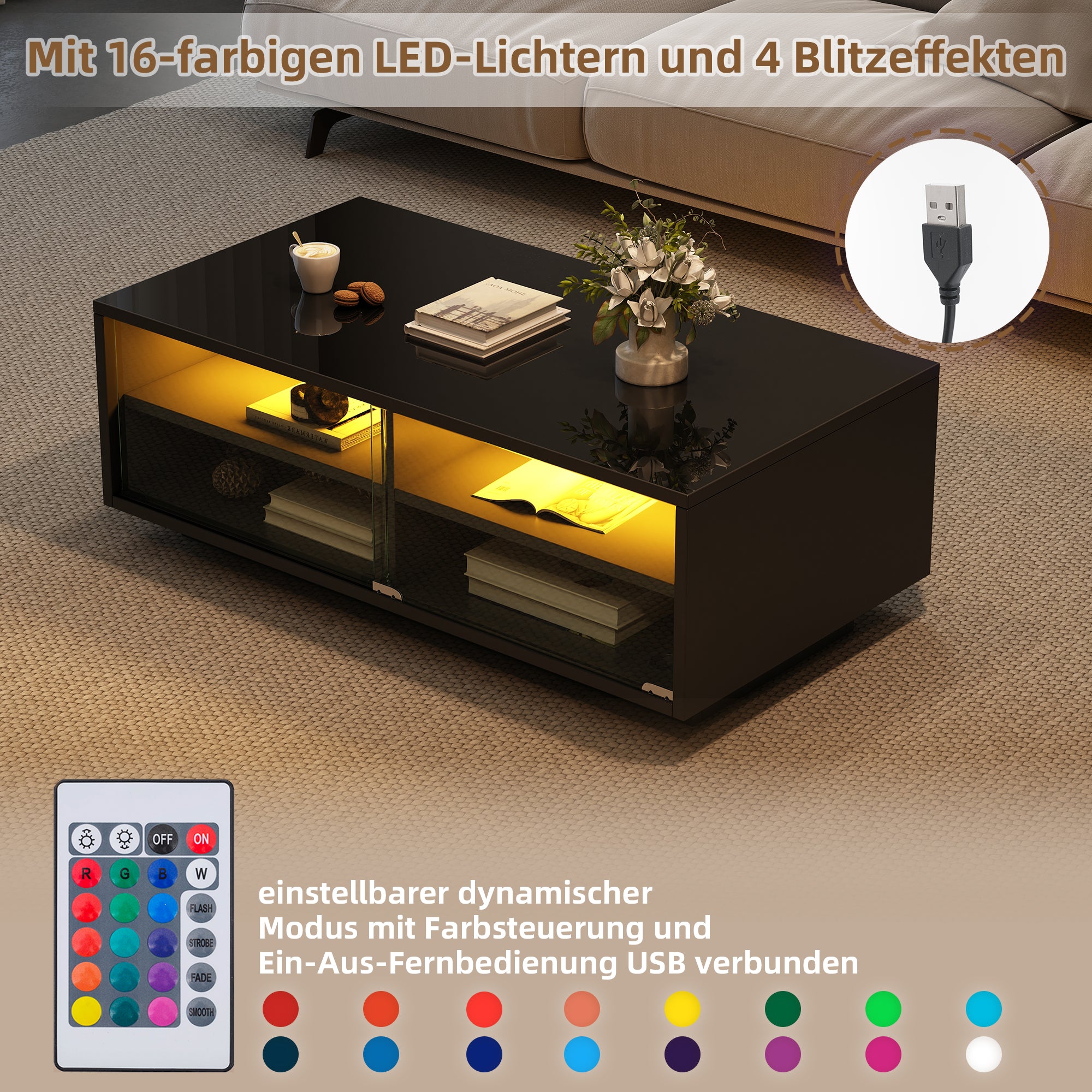 LED Coffee Table with 2 Drawers and Tempered Glass Door, Black High-Gloss
