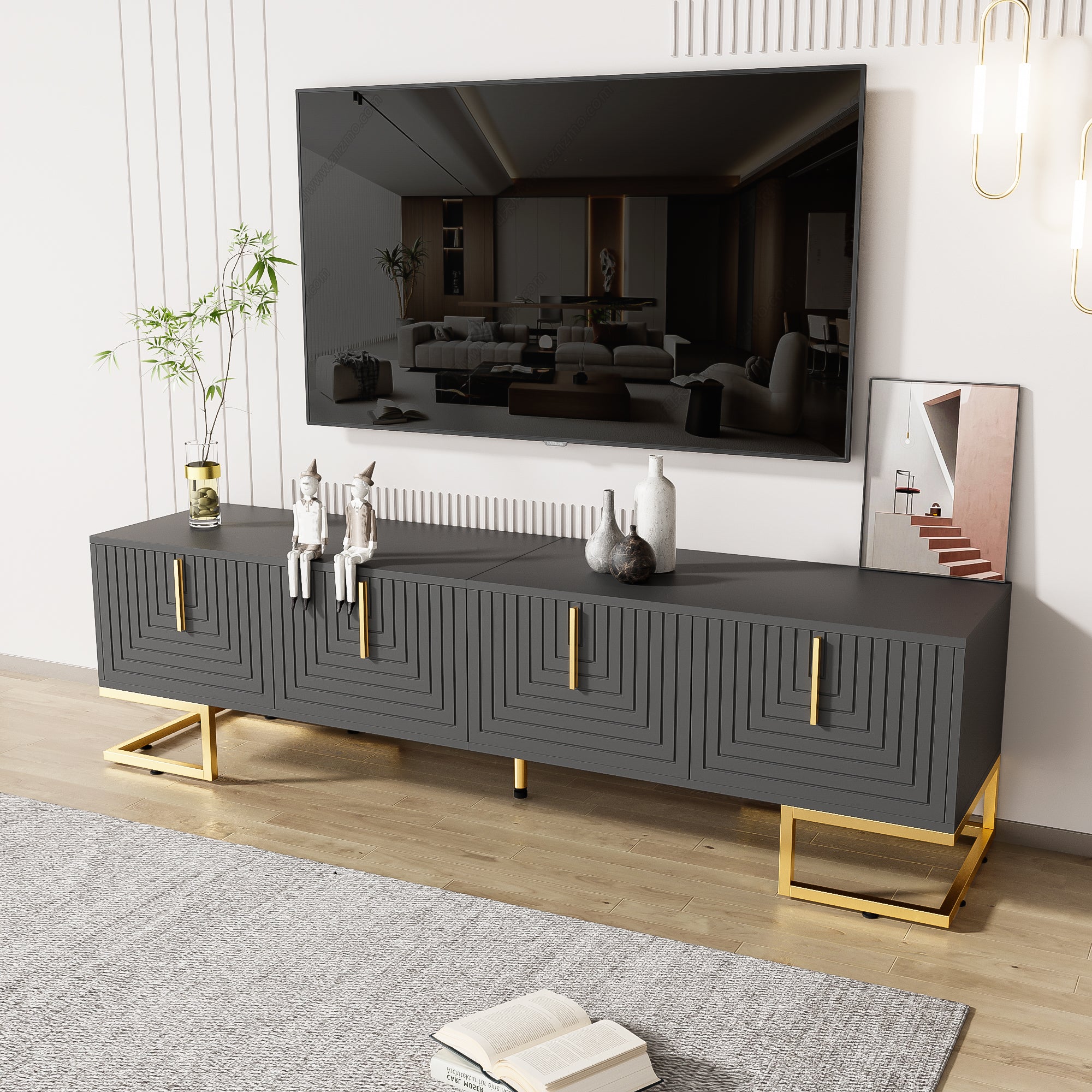 TV Cabinet Lowboard with Textured Door, Gold Handles and Feet