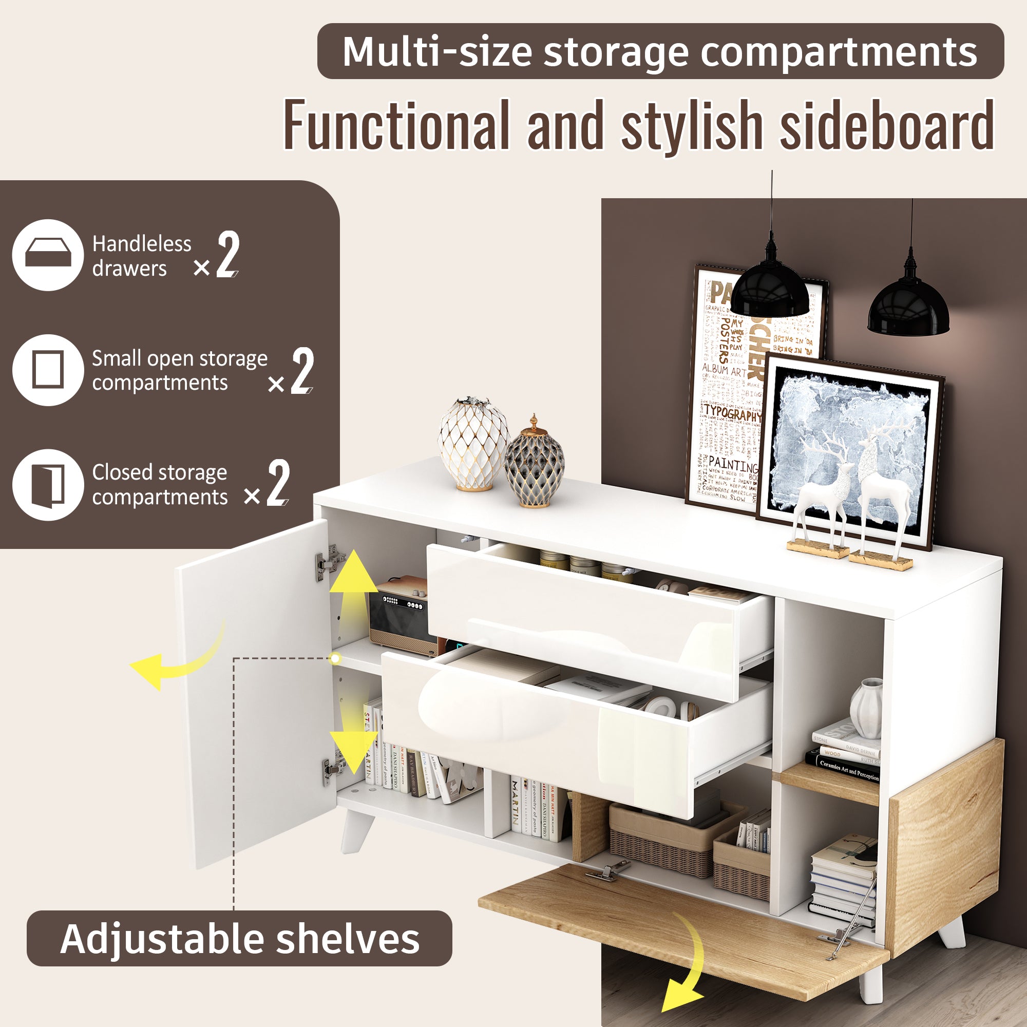 Sideboard, Storage, High-Gloss White Wood