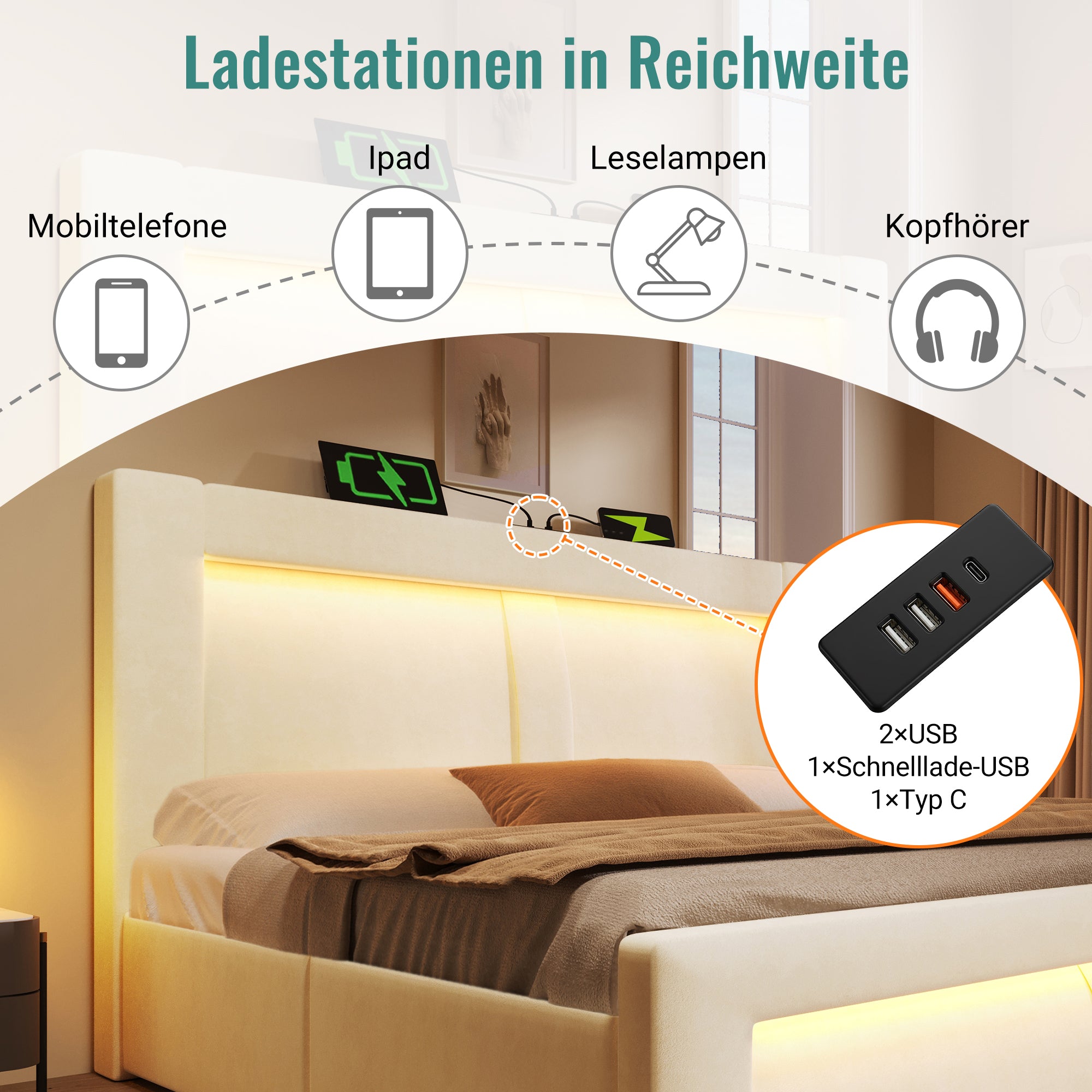 Single Bed 90x200 cm with Hydraulic Storage, LED Lighting, USB Ports and Mattress, Beige Velvet