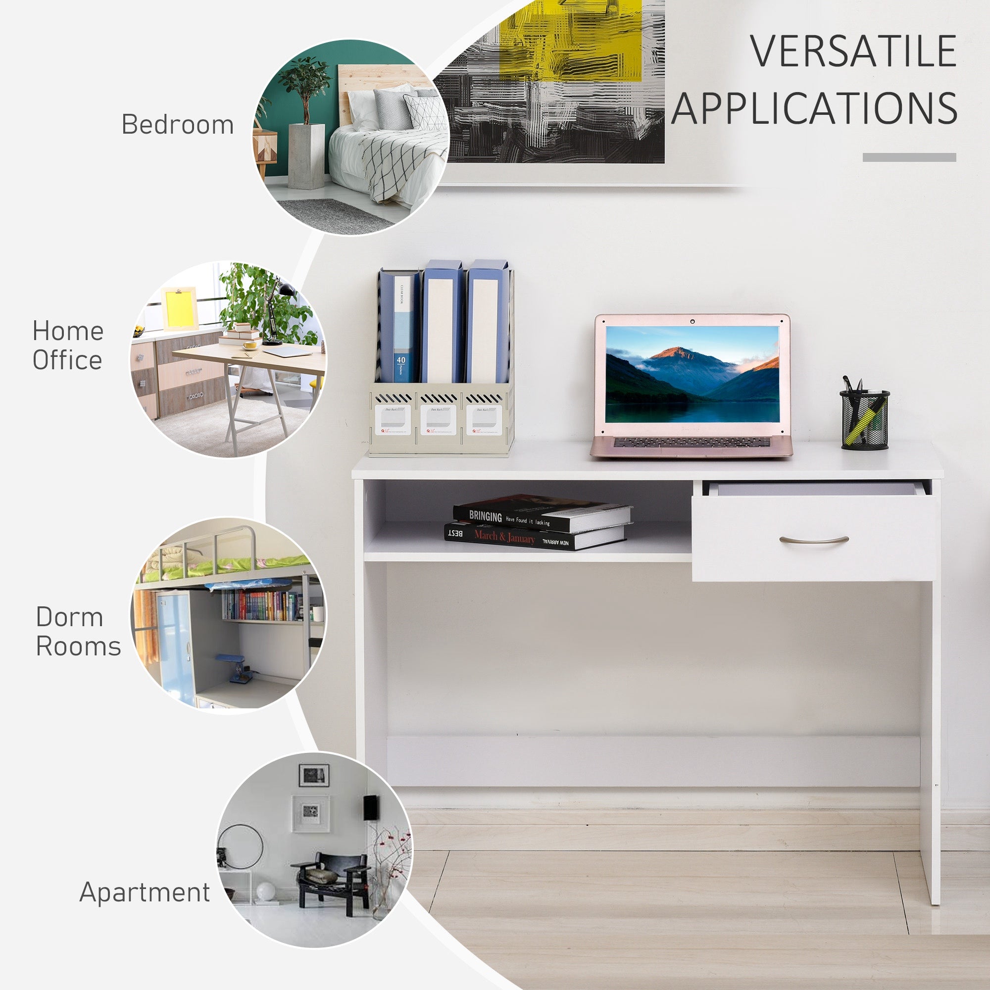 Compact Computer Desk Study Table with Drawer Storage White
