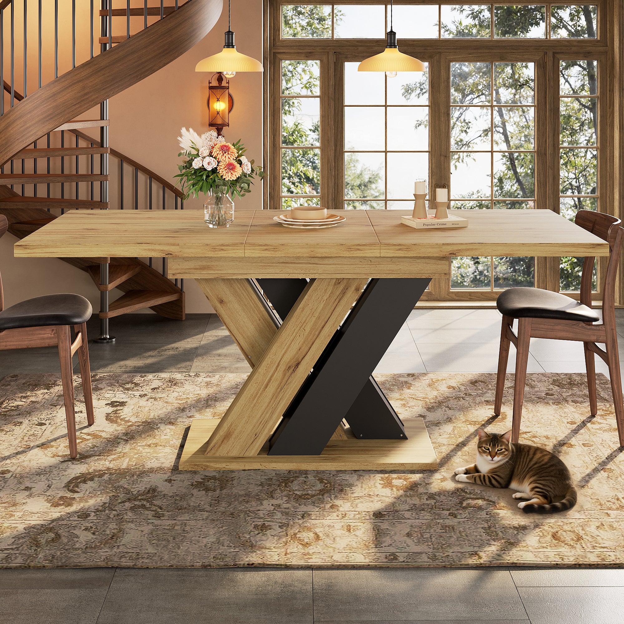 Telescopic Dining Table 119-158.5x80cm Extendable X-Legs - Wood Color