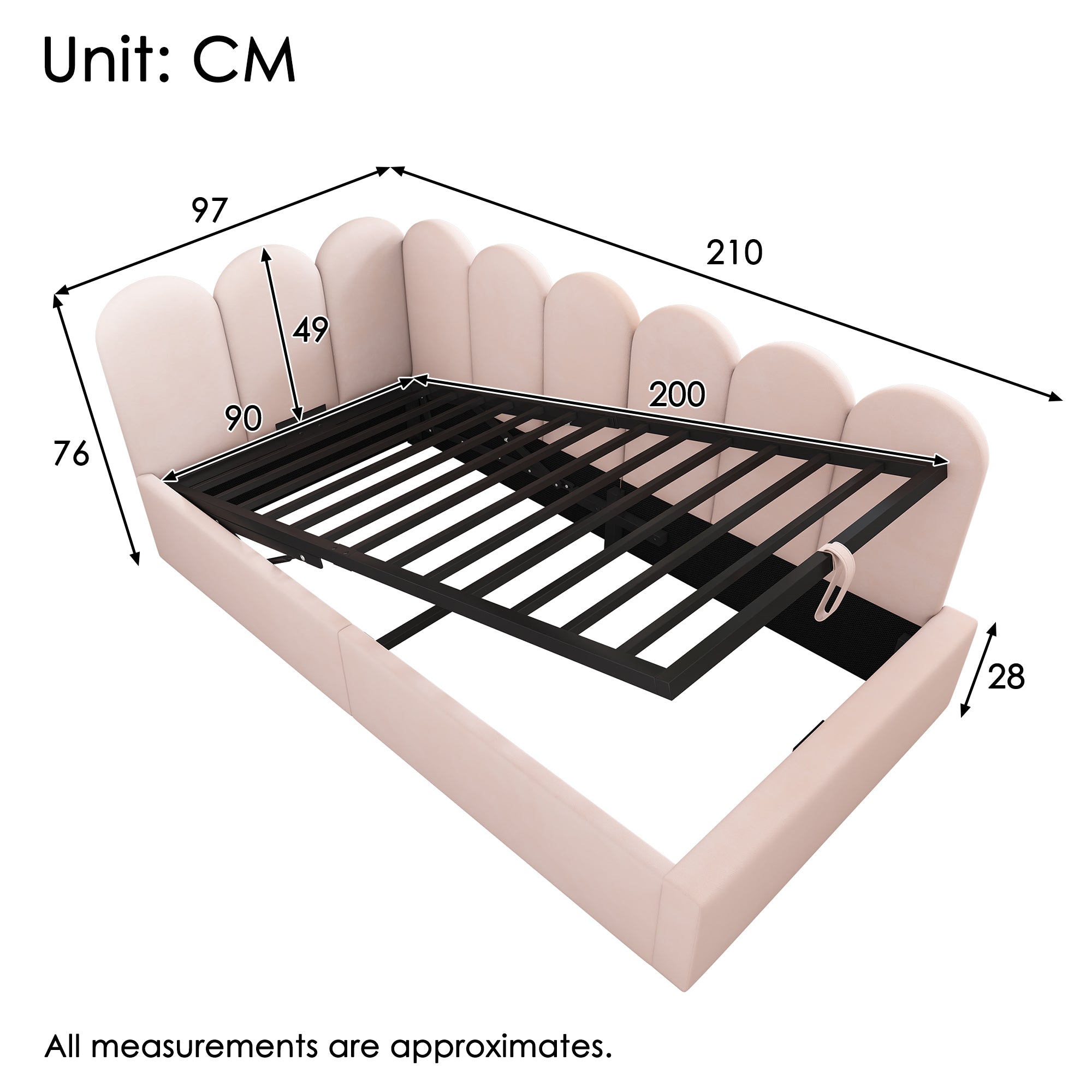 Upholstered Daybed, 90x200cm Sofa Bed with Hydraulic Storage, Velvet Pink