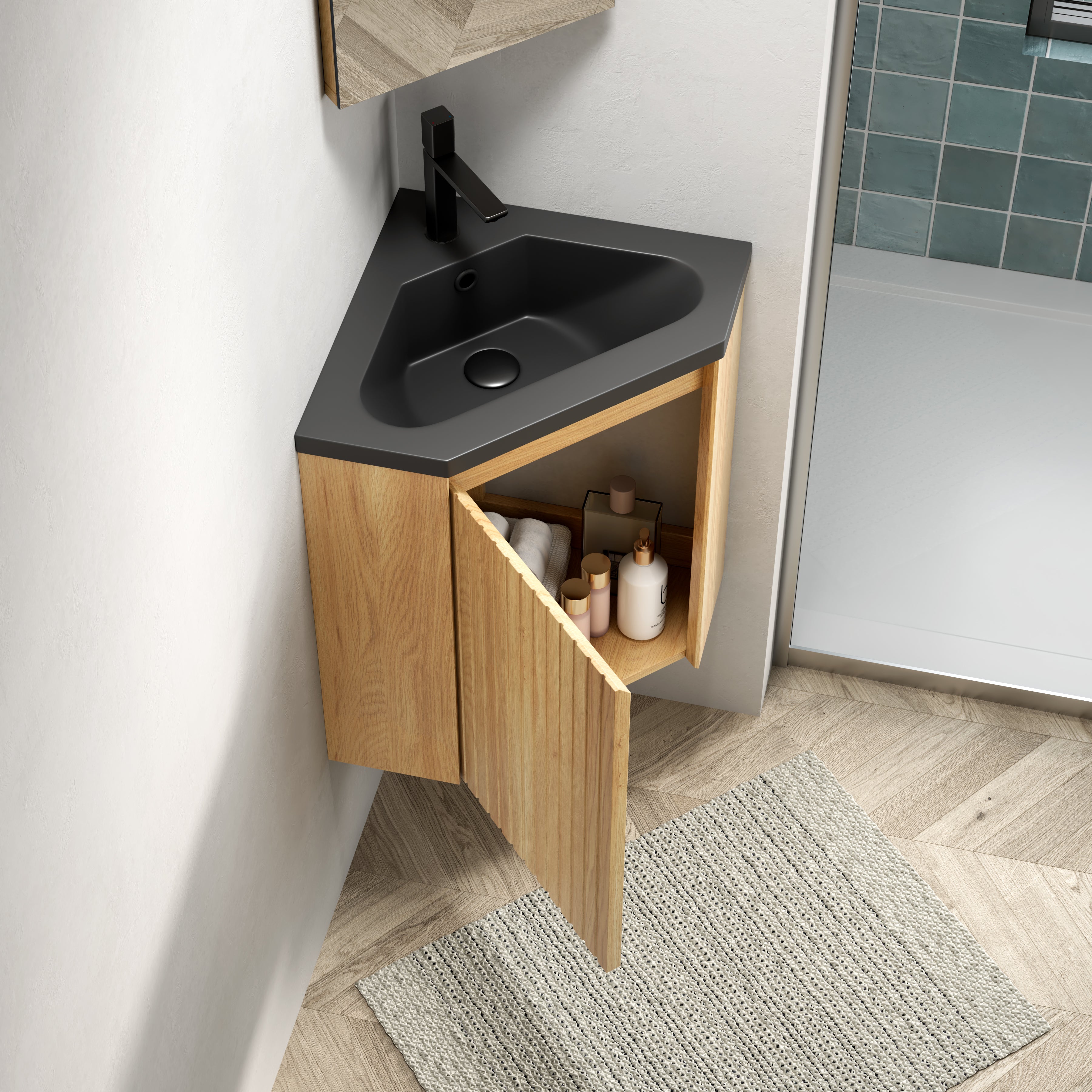 Wall-Mounted Corner Bathroom Vanity Unit with Matte Black Resin Basin, Natural Wood Grain