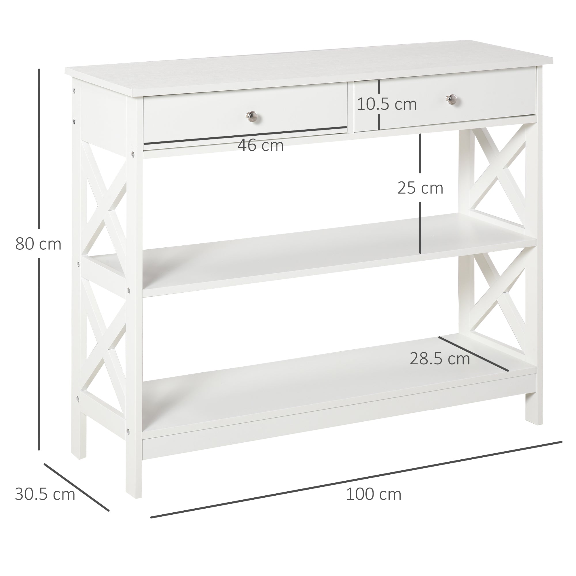 Console Table Side Desk with Shelves Drawers X-Frame, White