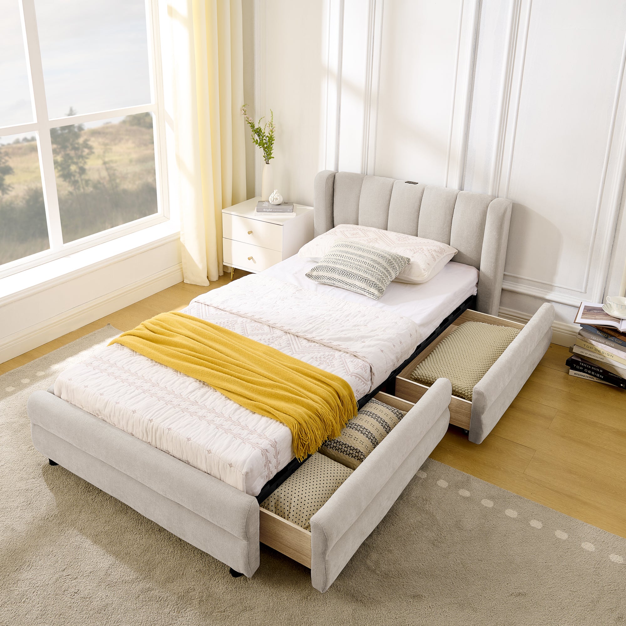 Single Bed 90x200 cm with Side Storage and USB Charging Port, Beige Chenille Fabric