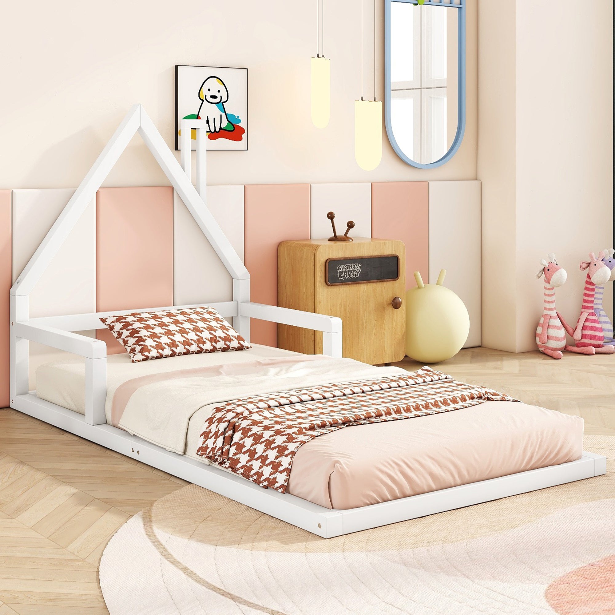Children's Bed, Flat House Shape 90x200cm, Solid Pine White