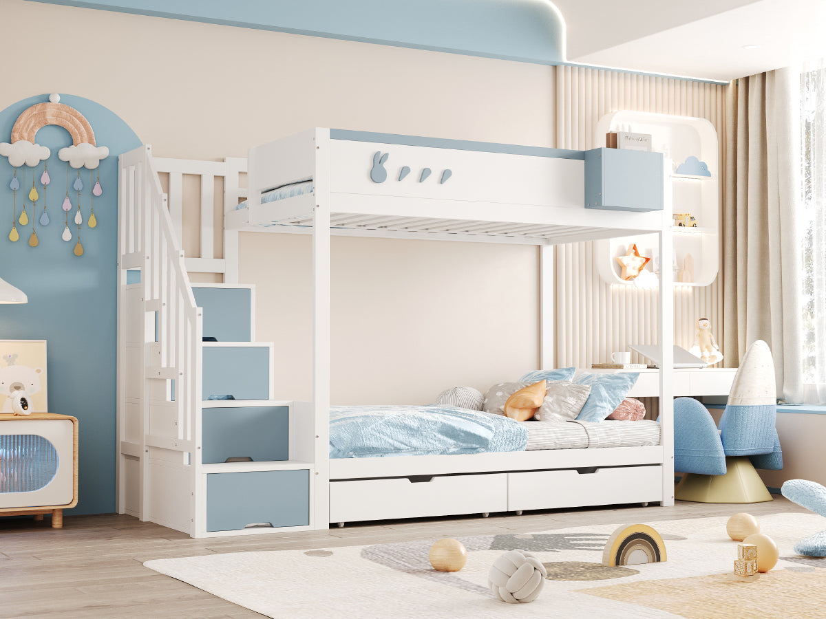Bunk Bed for Children 90x200cm Double Bed Ladder Storage Drawers Rabbit/Carrot Motifs White + Blue