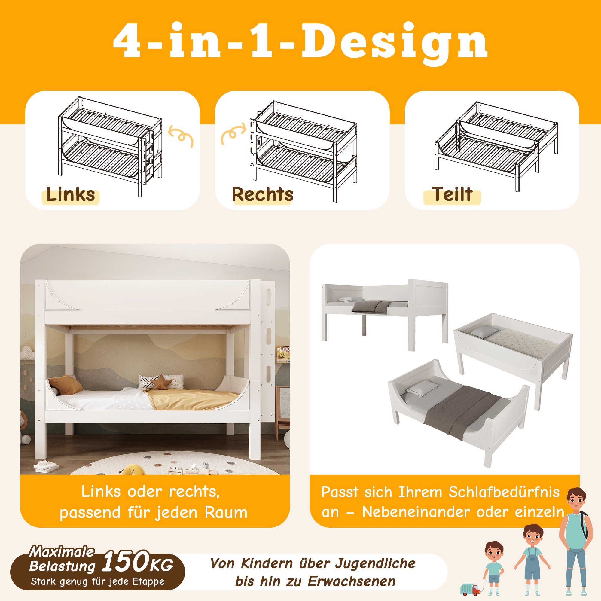 Separable Bunk Bed 90x200cm, Converts to 2 Single Beds, Sled Design, White