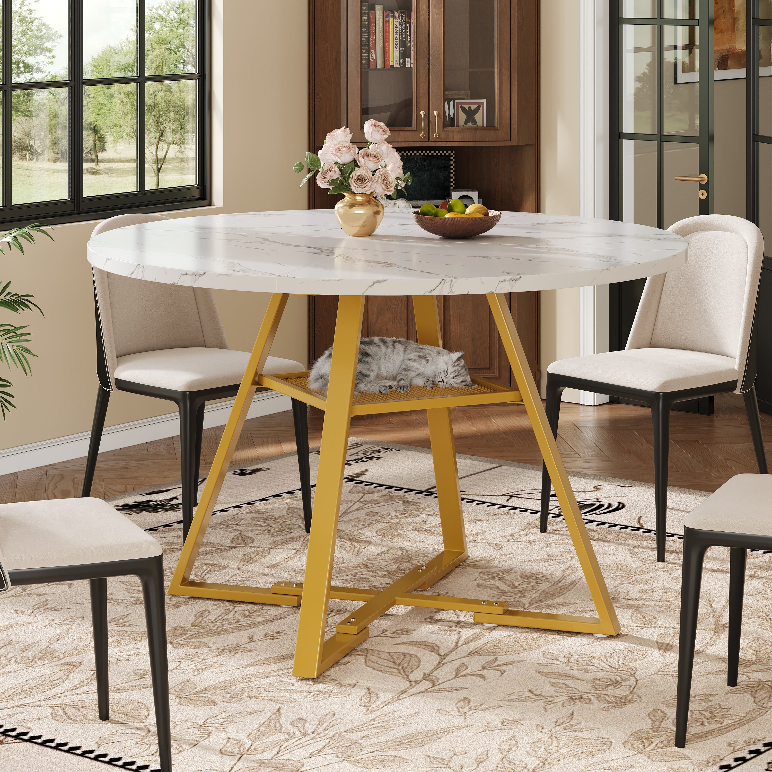 Round Dining Table, Marble Look with Metal Legs, Black/White