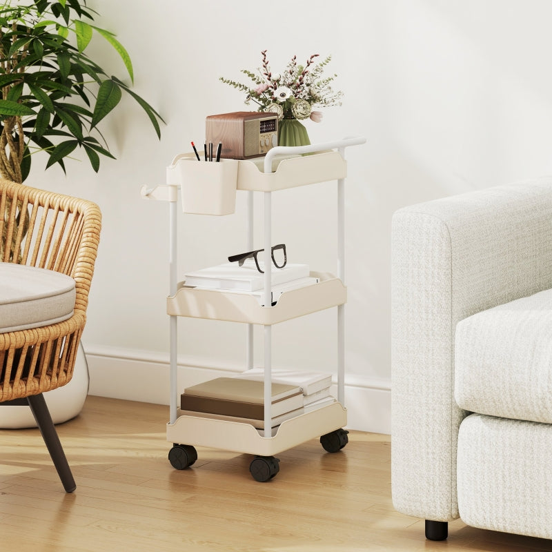 Storage Trolley 3 Baskets Towel Rack Wheels White