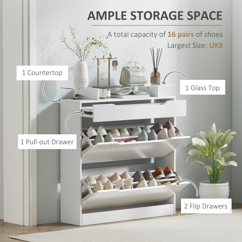 Shoe Storage Cabinet with Slide Out Drawer, 2 Flip Doors, Tempered Glass Top, Adjustable Shelves for 16 Pairs, White