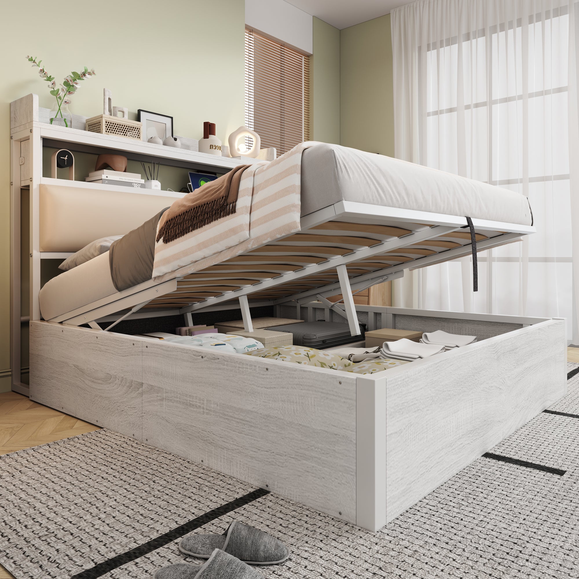 Bed Frame 140x200, Hydraulic Lift, USB, Upholstered Headboard, Wood & Metal, White