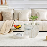 Modern Minimalist Coffee Table, Double-Layered Safety Glass and Multi-Tiered Design, Walnut Wood Grain Finish