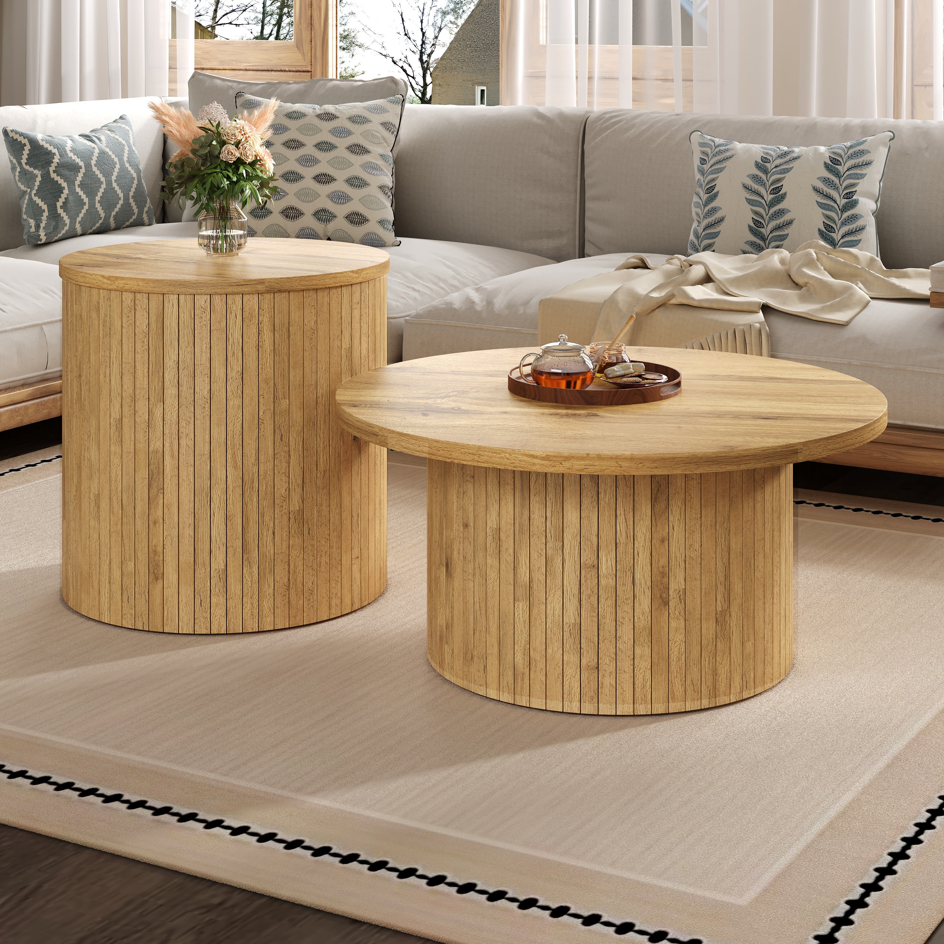 Coffee Table Double Round Slats Multifunctional - Natural Wood