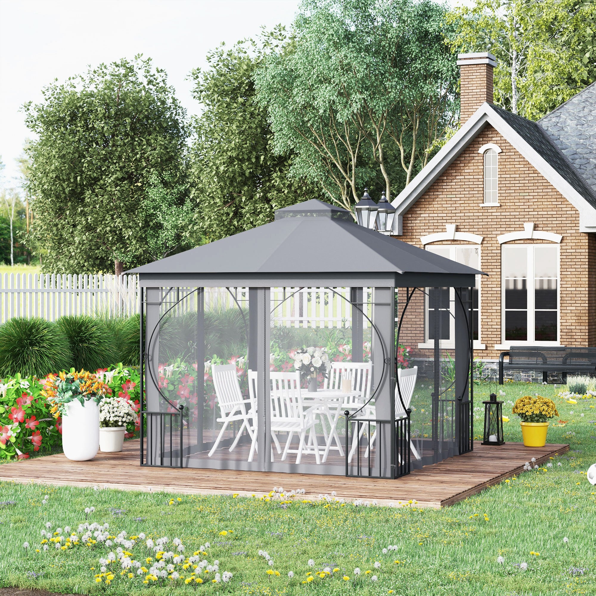 Garden Gazebo 3x3m Double Tier Metal Frame Netting, Light Grey