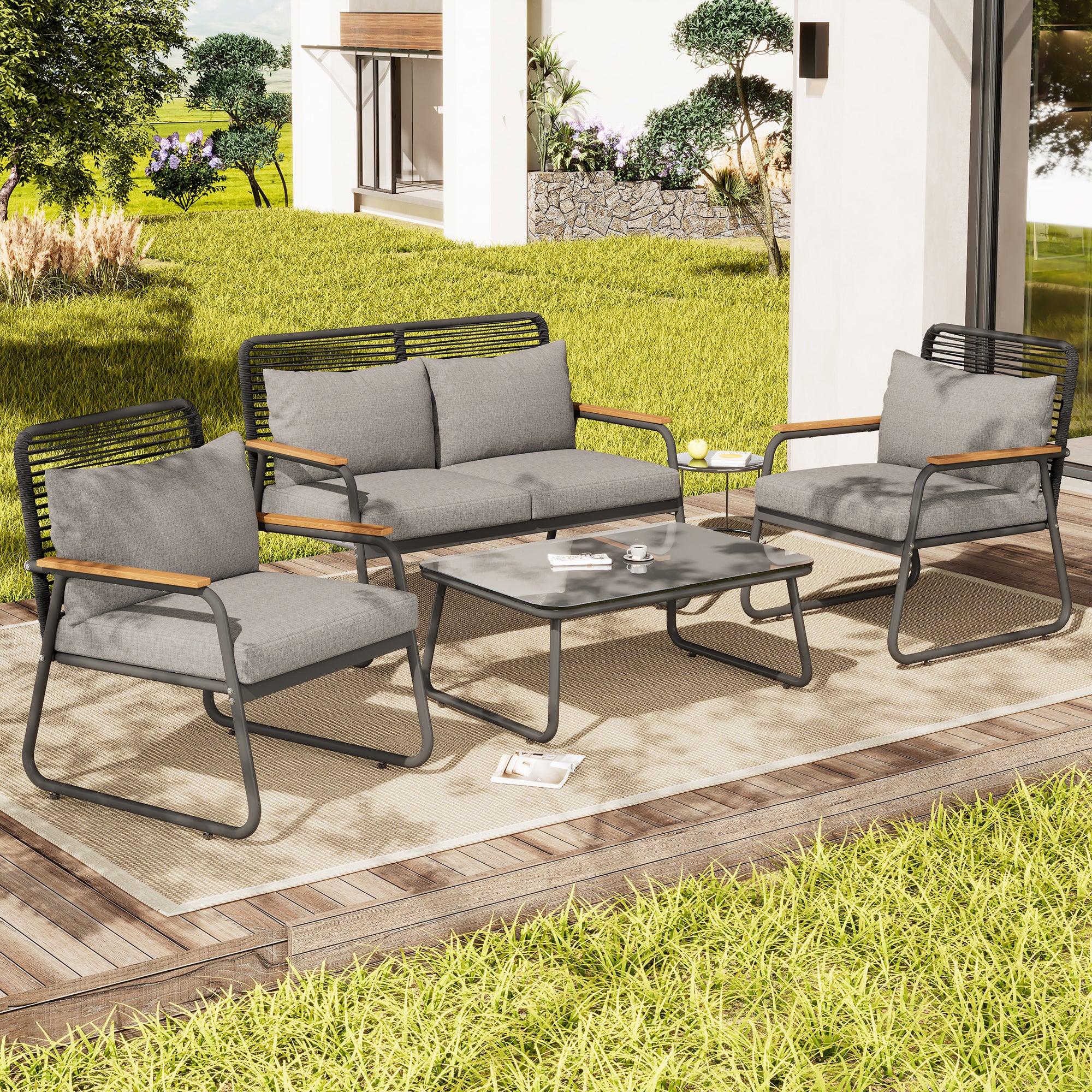 Garden Lounge Set 4-Seater Galvanized Iron Frame Tempered Glass - Grey