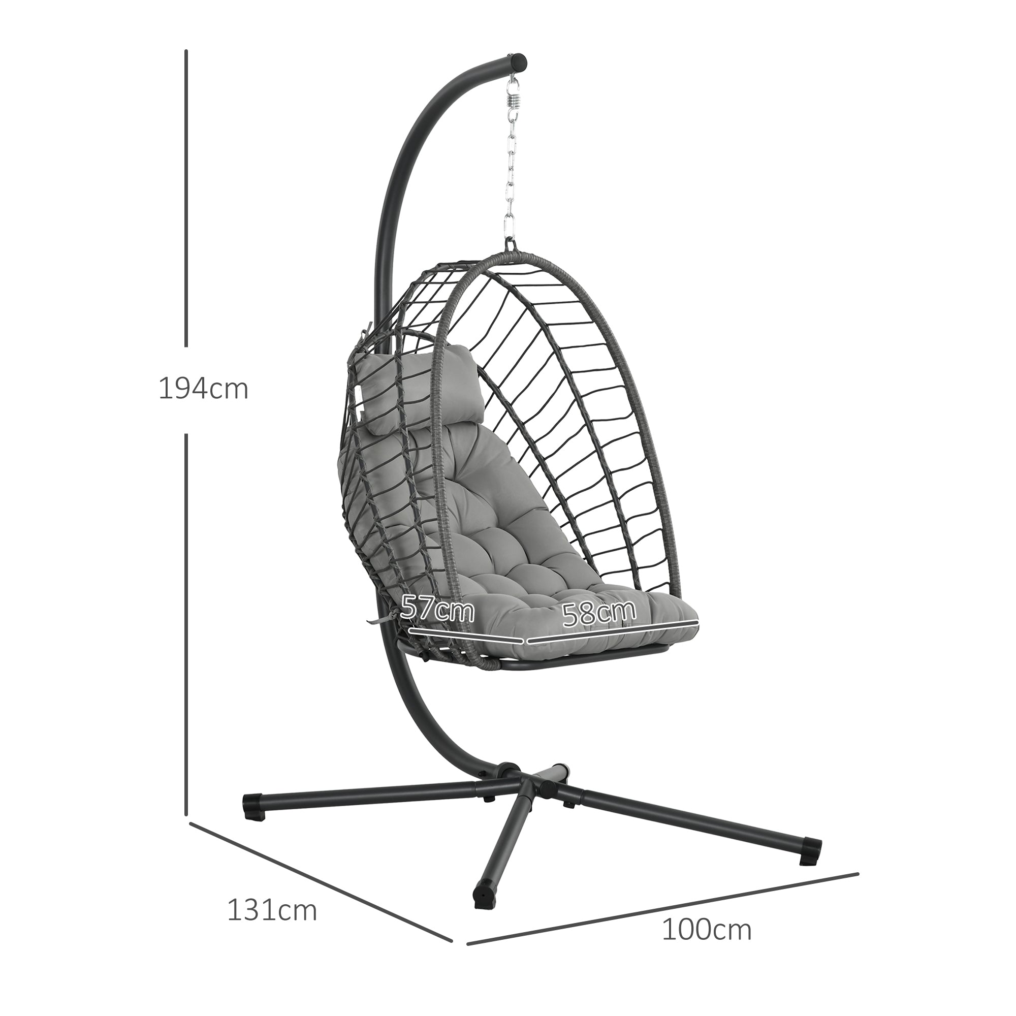 Outdoor PE Rattan Swing Chair Foldable Hanging Egg Chair with Metal Stand and Cushion, Light Grey