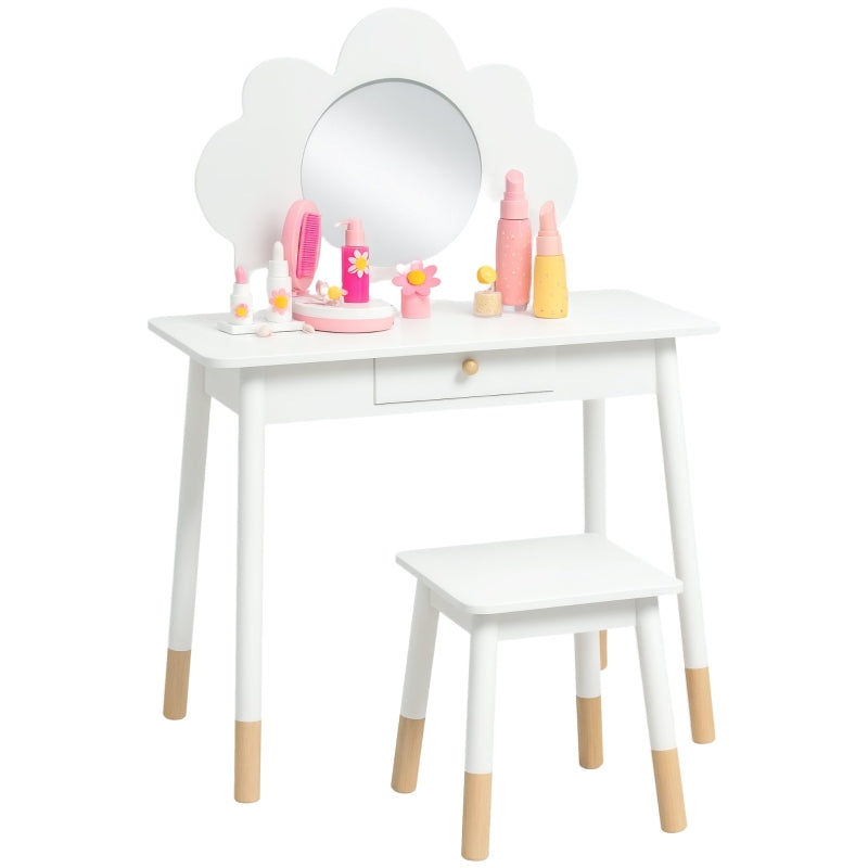 Kids Dressing Table with Mirror Stool Drawer Cloud Design, White MDF