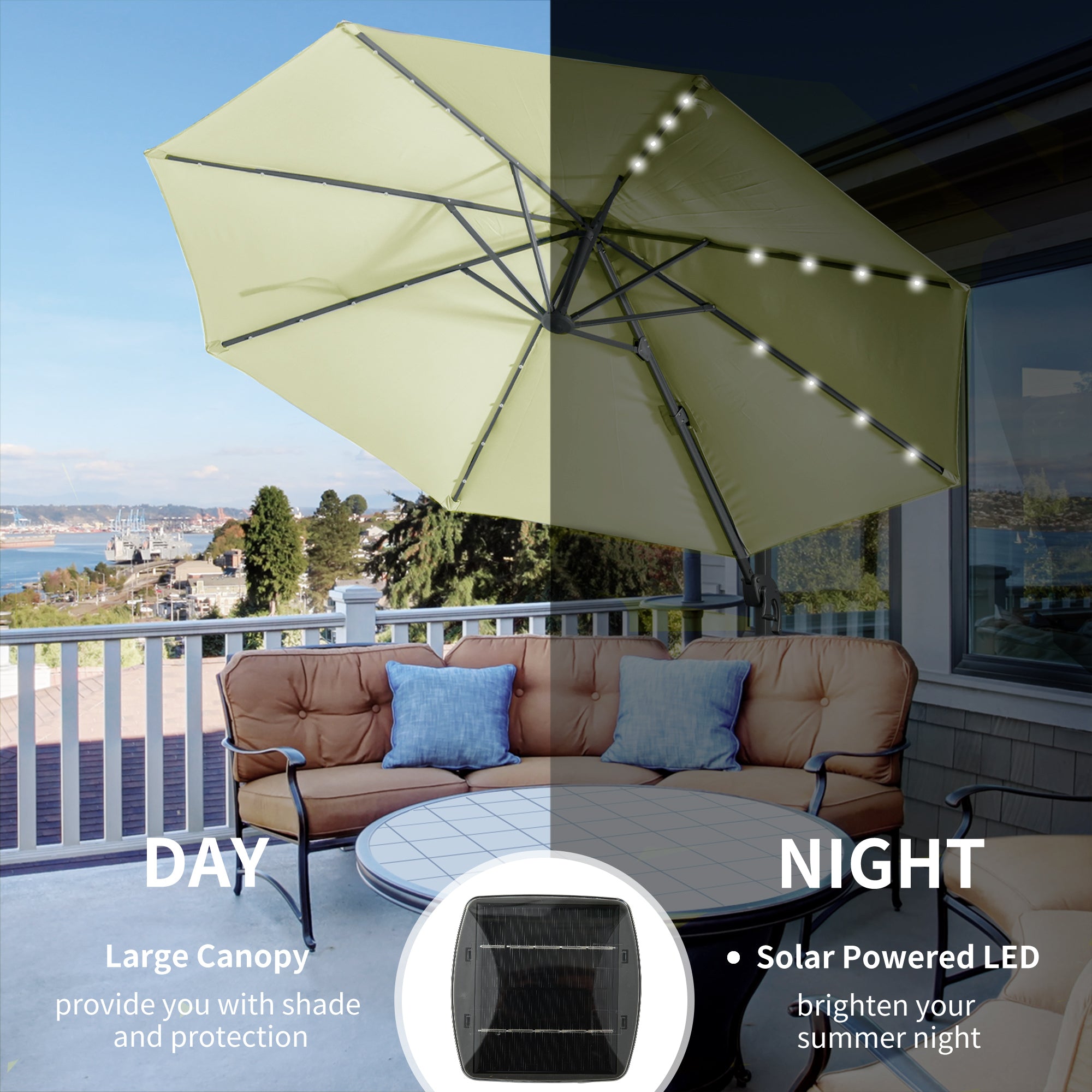 3m LED Cantilever Parasol Sun Umbrella with Base and Solar Lights, Beige