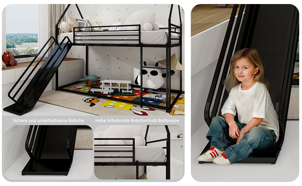 Twin over Twin Bunk Bed with Slide, House Shaped, Metal