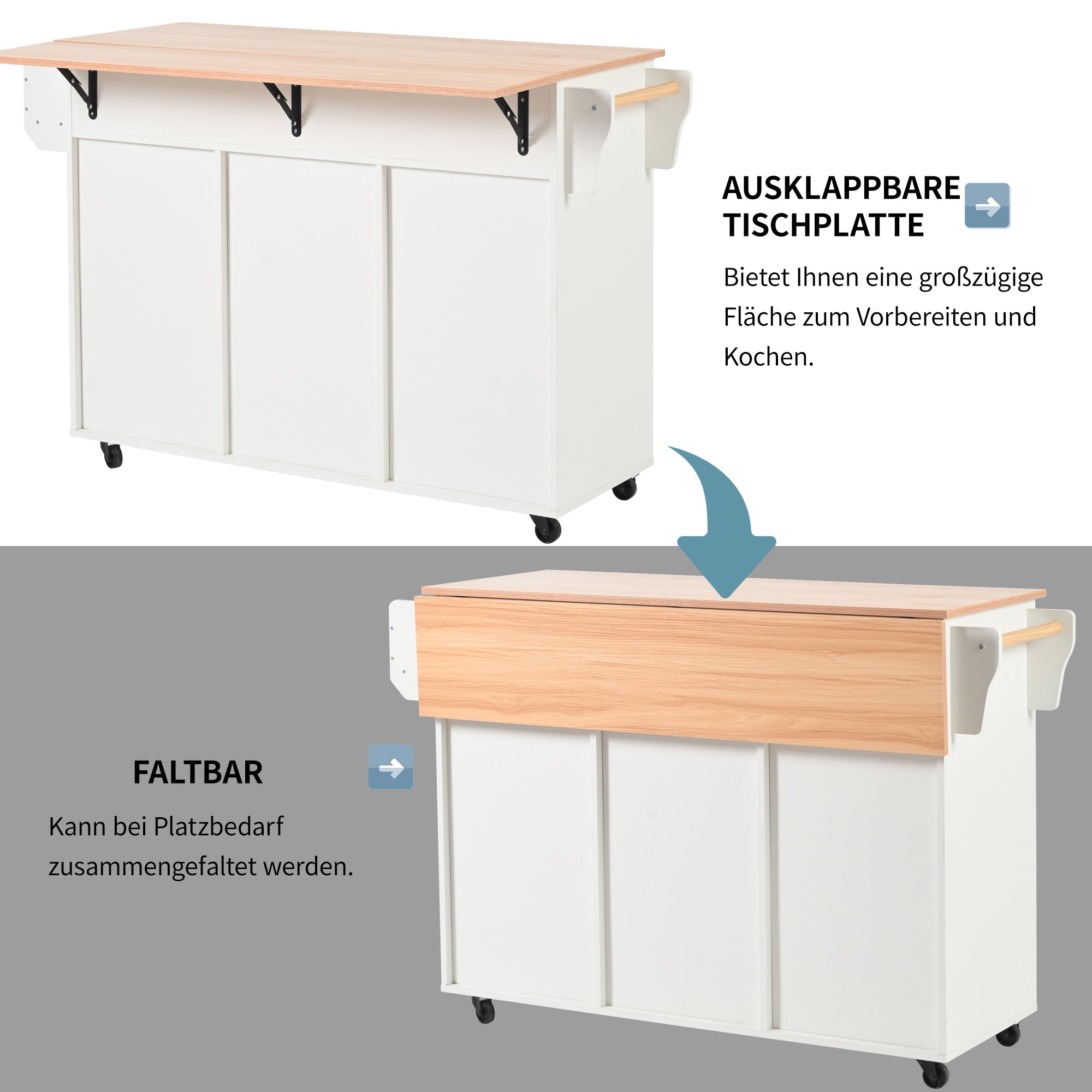 Dining Cart Sideboard 139cm Folding Worktop Storage on Wheels - White/Wood