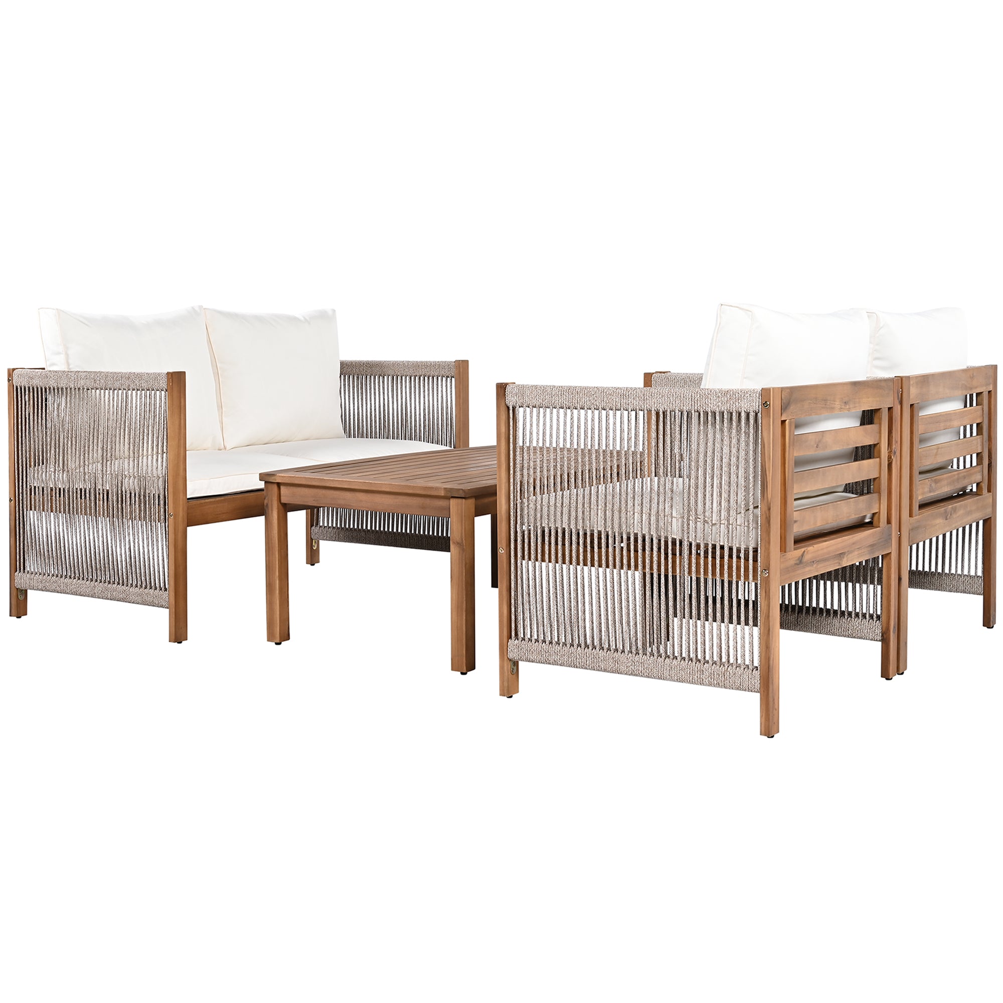 Garden Furniture Lounge Set with Double Sofa 2 Armchairs and Table, Acacia and Beige Rattan Look