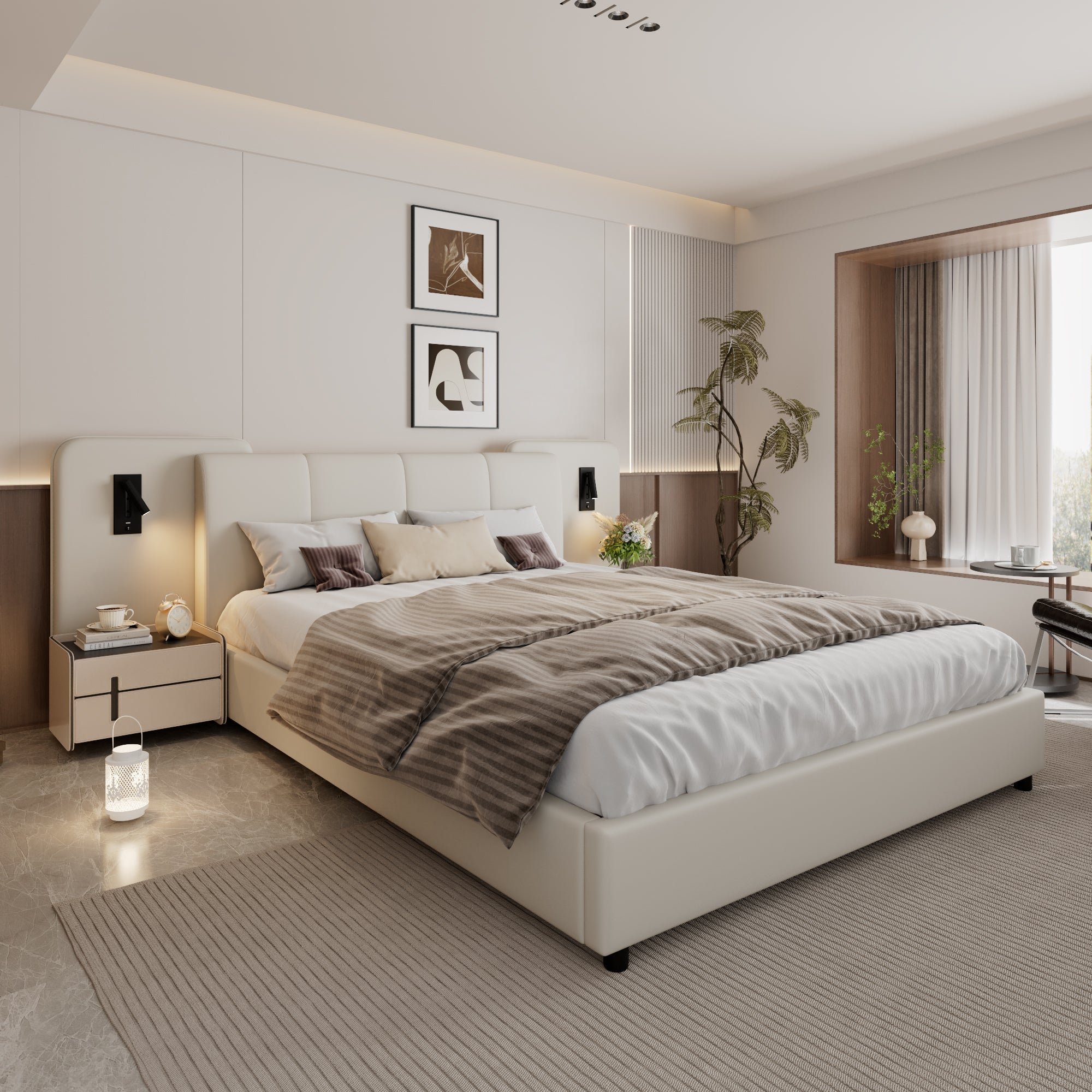 Upholstered Bed with Charging Port and Lighting, 4ft6 Double 135x190cm, Soft Sponge Headboard Backrest, Anti-collision Sponge Filling, PU + Plywood, Beige