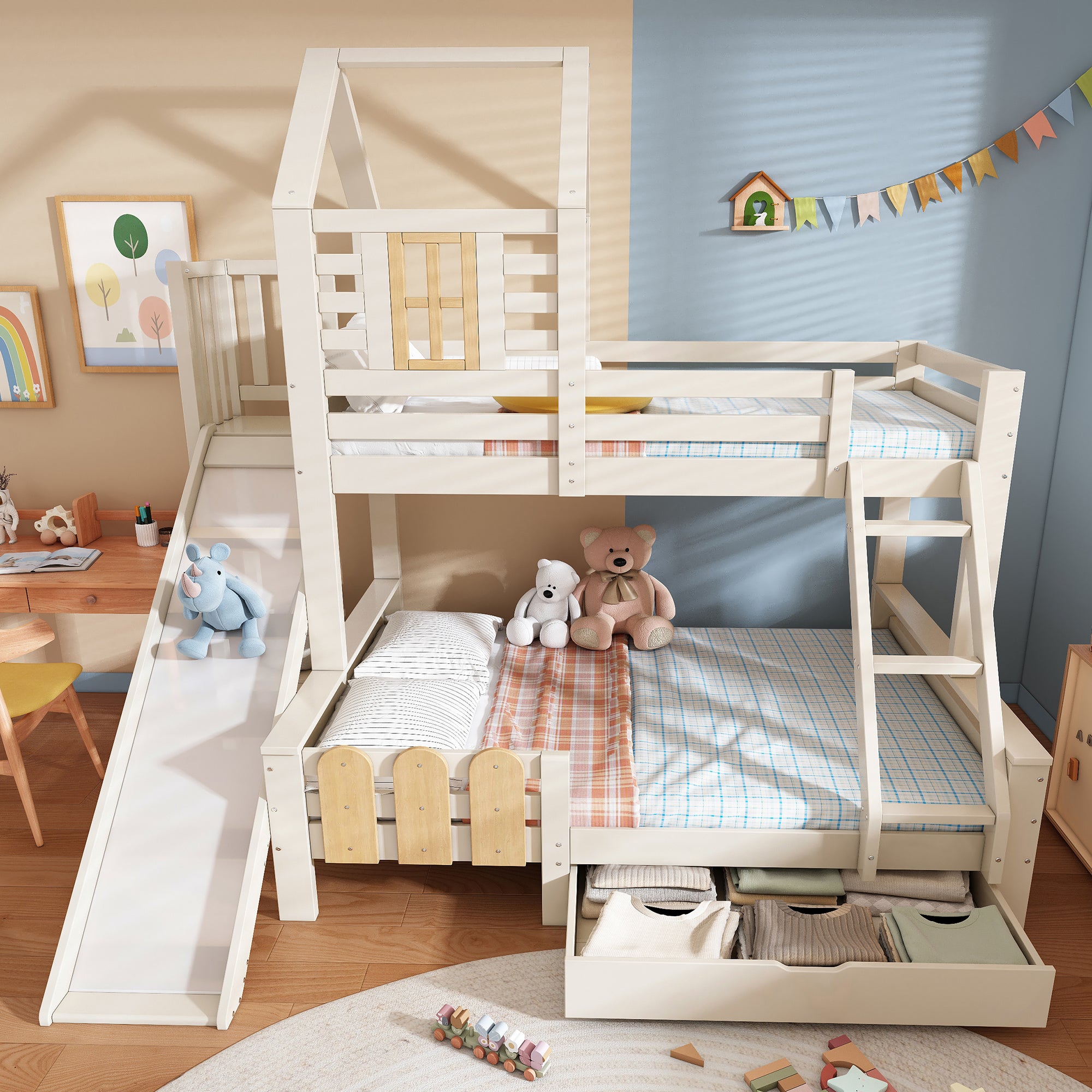 Bunk Bed, 90x200 & 140x200cm, House Loft with Drawer & Slide, Log Cabin Design