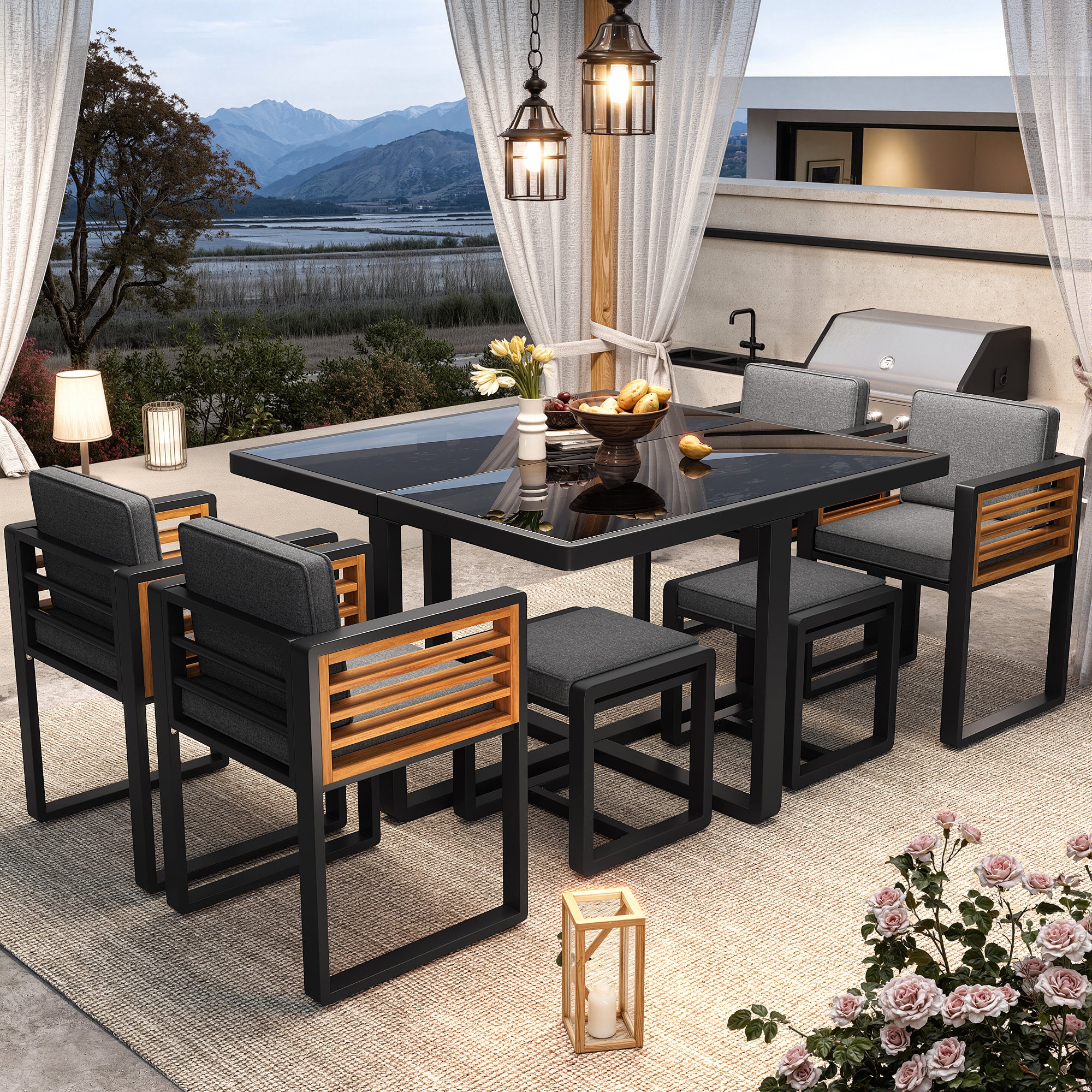 Garden Furniture Set with 6 Chairs and Table, Glass Tabletop