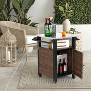 Bar Cart, Outdoor Kitchen Wicker Island Rolling with Stainless Steel Top, Brown