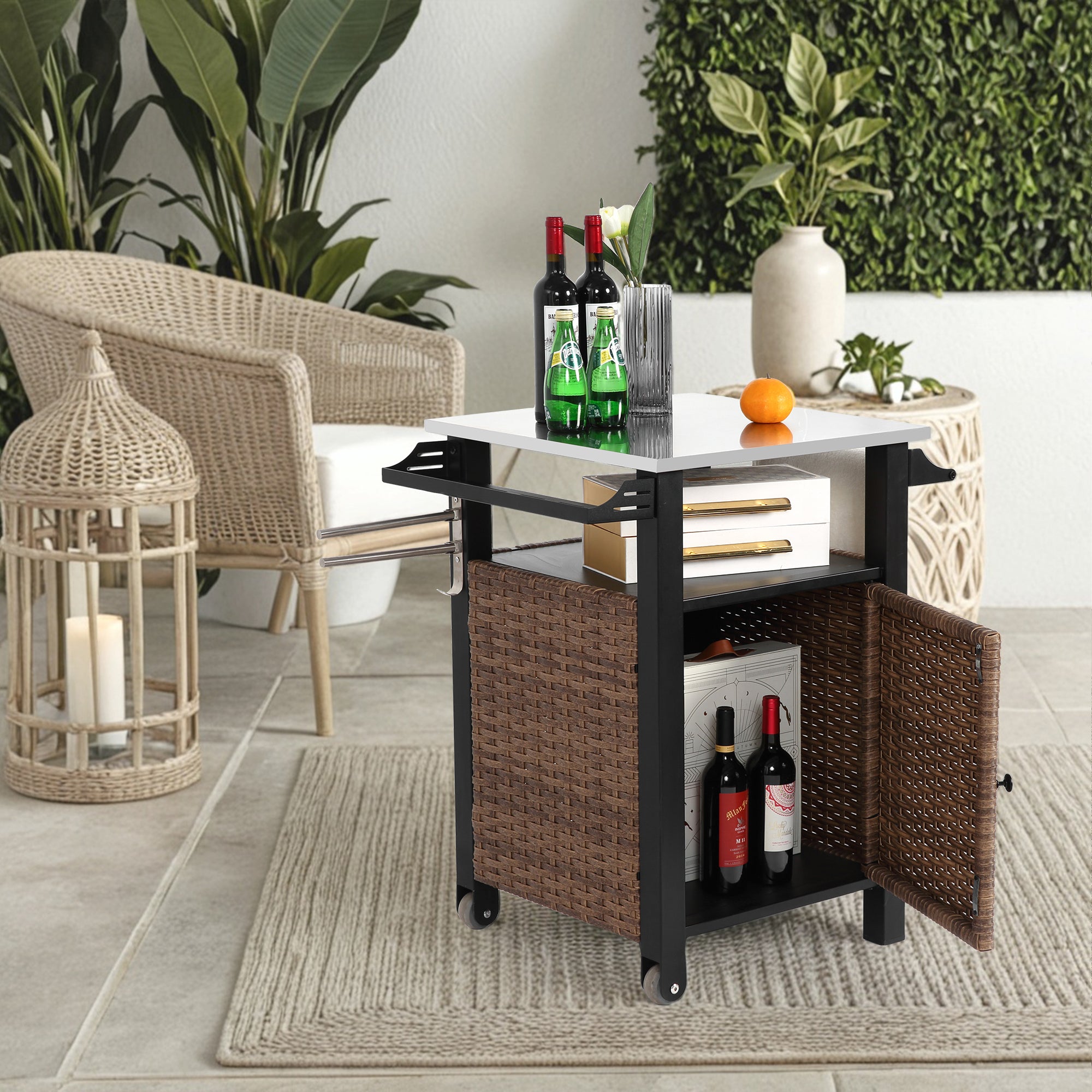 Bar Cart, Outdoor Kitchen Wicker Island Rolling with Stainless Steel Top, Brown