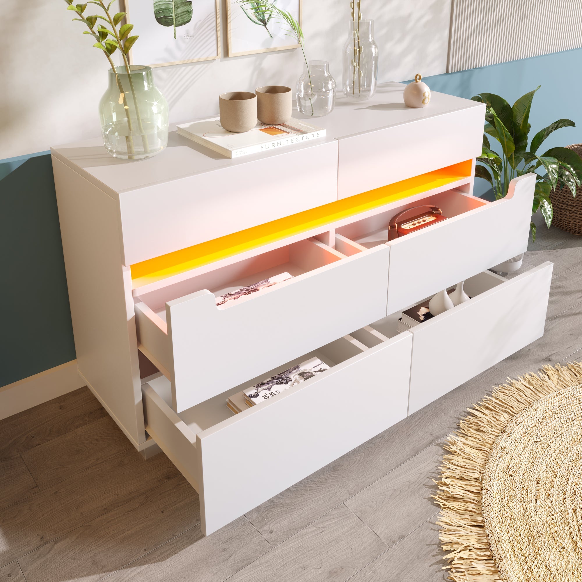 Sideboard Cabinet Dresser with 6 Drawers, RGB LED Storage, Cut-out Handles, White
