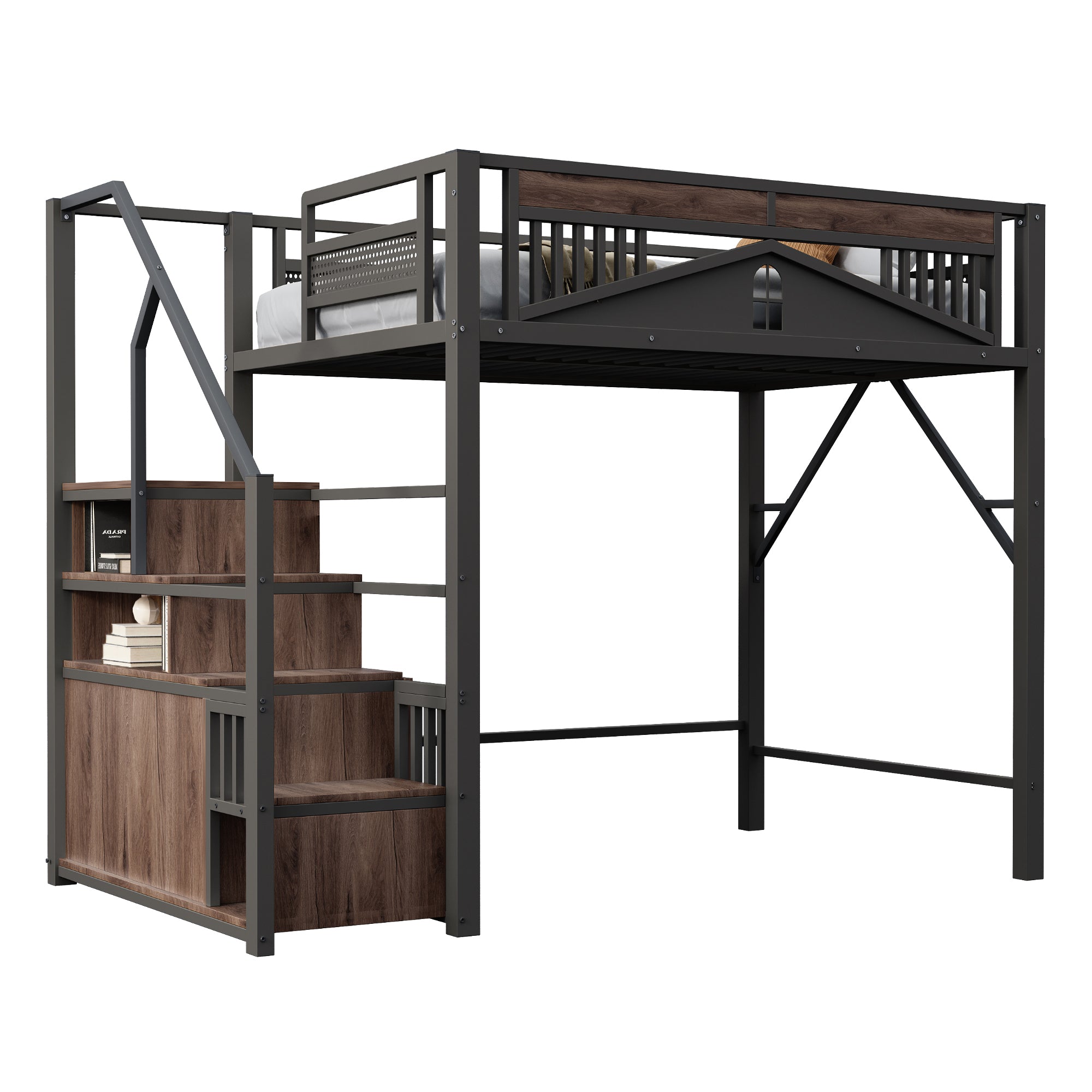 Metal Loft Bed with Safety Enclosure, Window, & Ladder, 140x200cm, Black