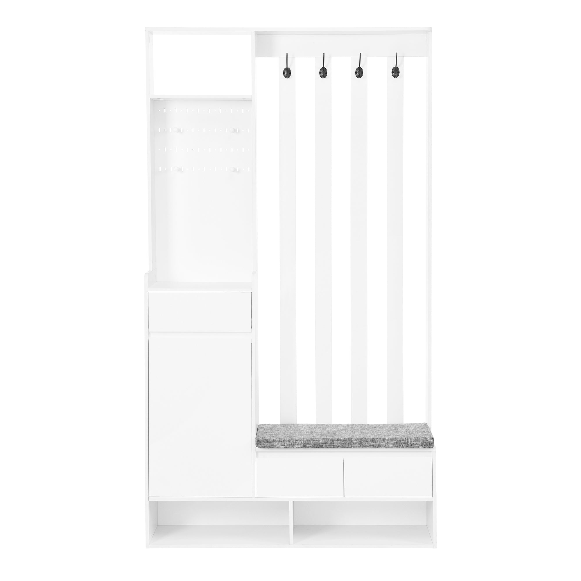 Hallway coat rack with padded storage bench and pegboard, with 4 hooks, white
