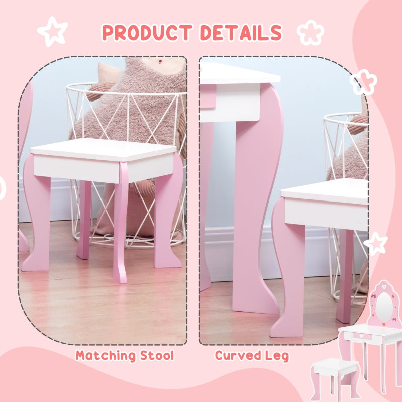 Kids Dressing Table Set w/ Mirror, Stool & Drawer, Pink