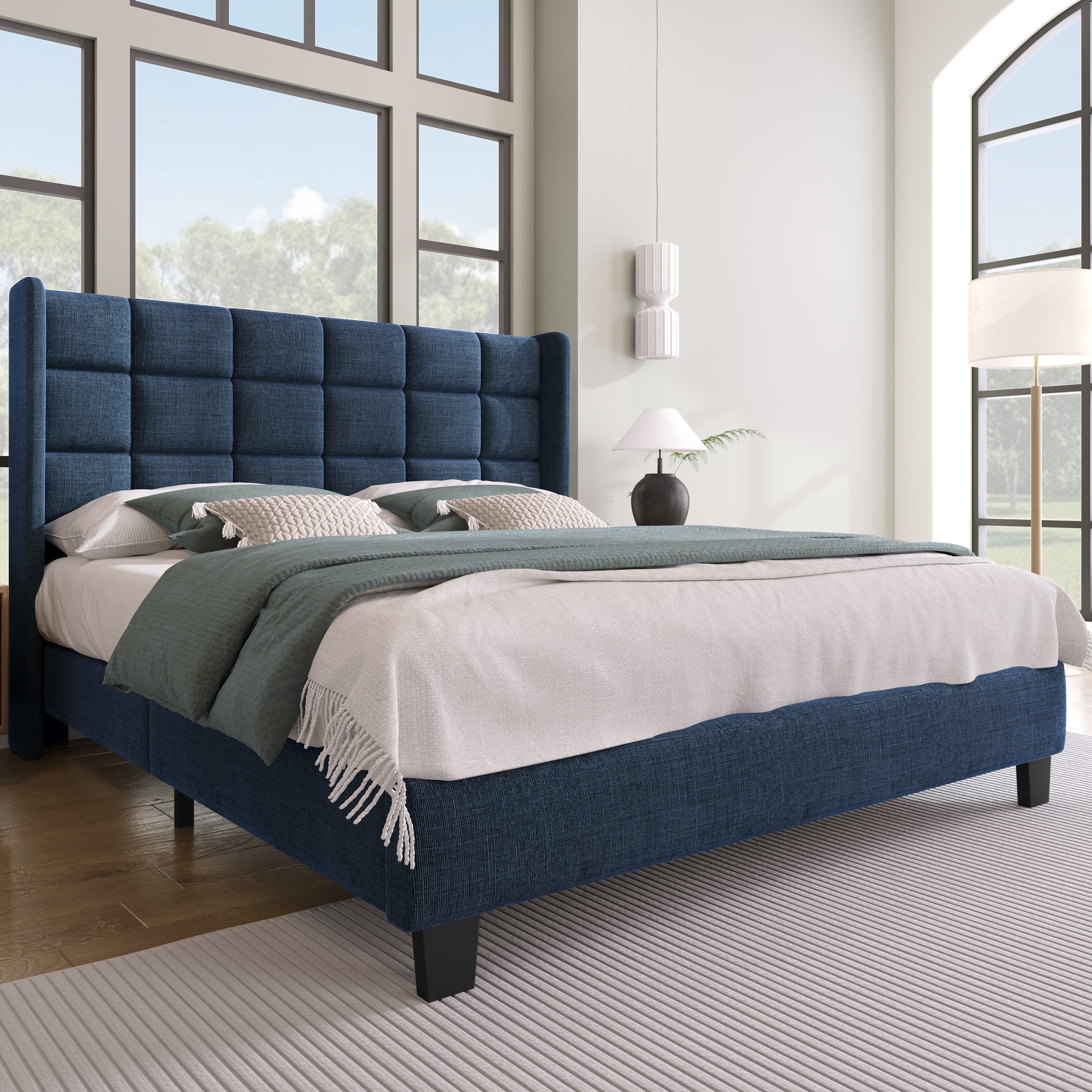Upholstered Bed, Double with Slatted Frame, 140x200cm, Blue Linen