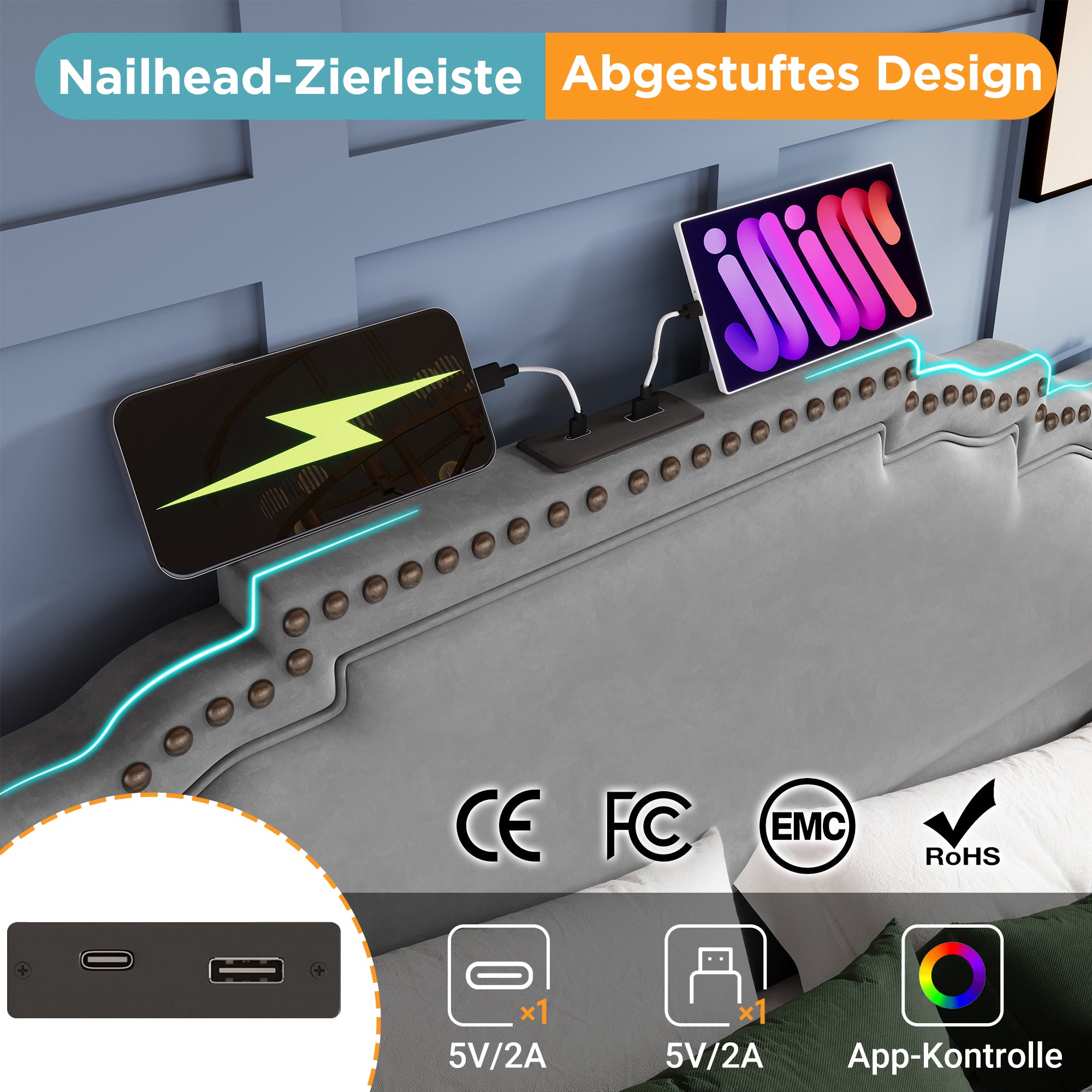 Upholstered Bed 140x200, Hydraulic Storage, LED, USB-C, Velvet Grey