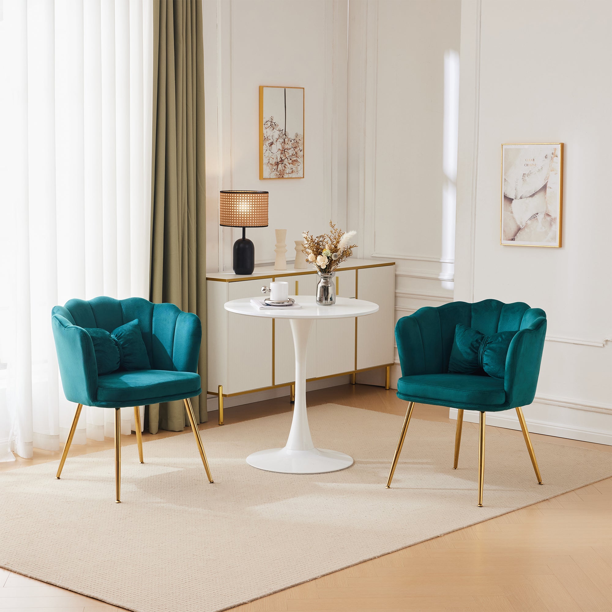 Velvet Chairs, Set of 2 Modern Upholstered with Petal Back & Butterfly Cushion, Gold Metal Legs