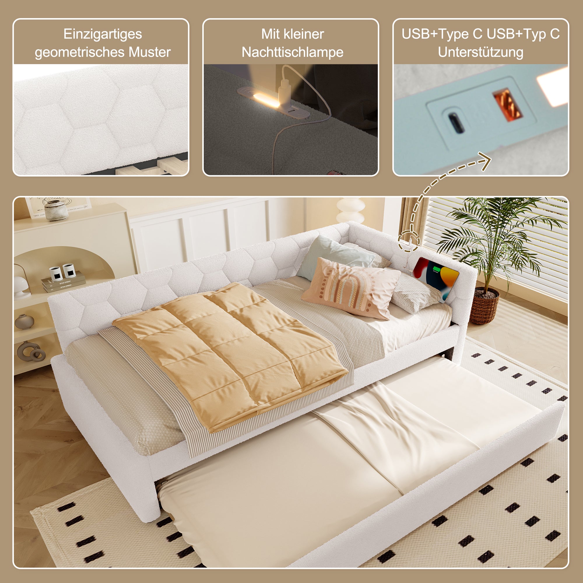 Daybed Sofa Bed 90x200cm Pull-Out Bed Lamp USB/Type-C - Fleece Imitation White