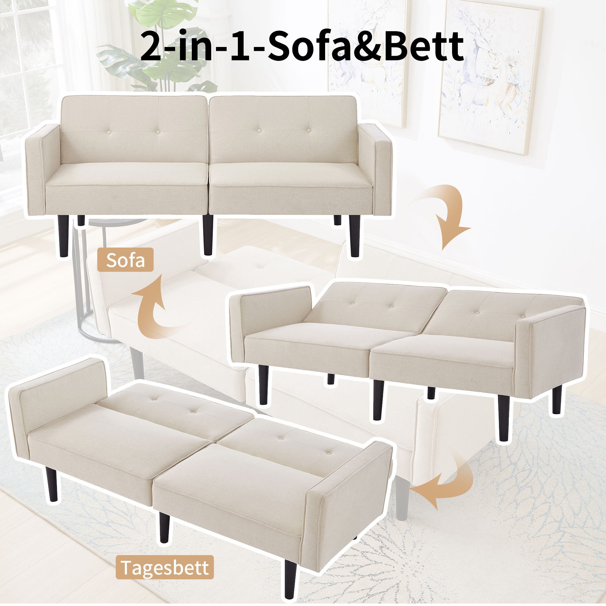 Sofa Bed, 2-in-1 Adjustable with Independently Adjustable Backrests, Cotton Linen Fabric