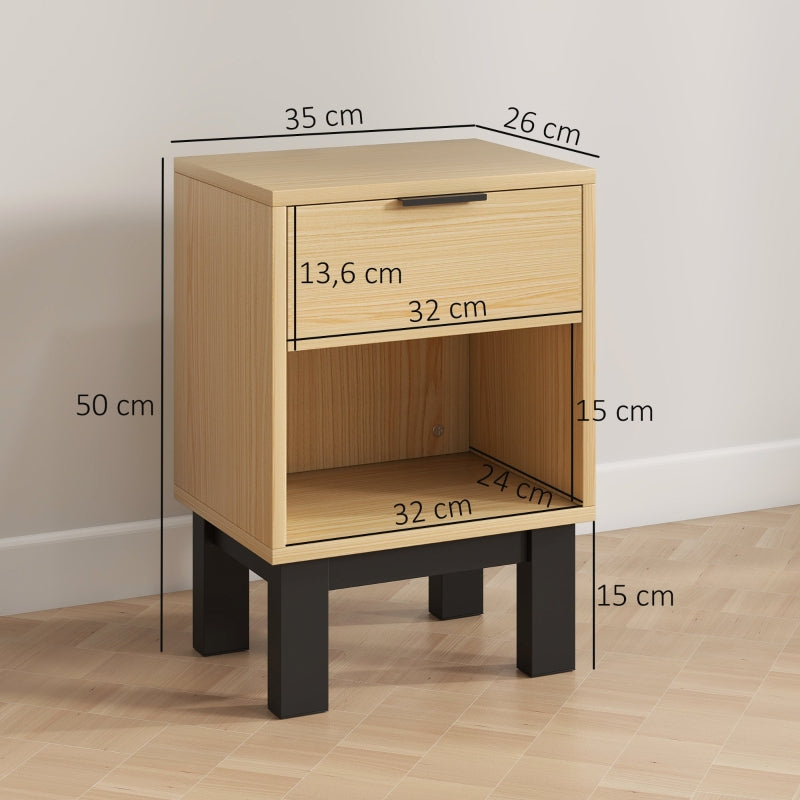 Nightstand with Drawer and Open Compartment, 35x26x50 cm, Oak