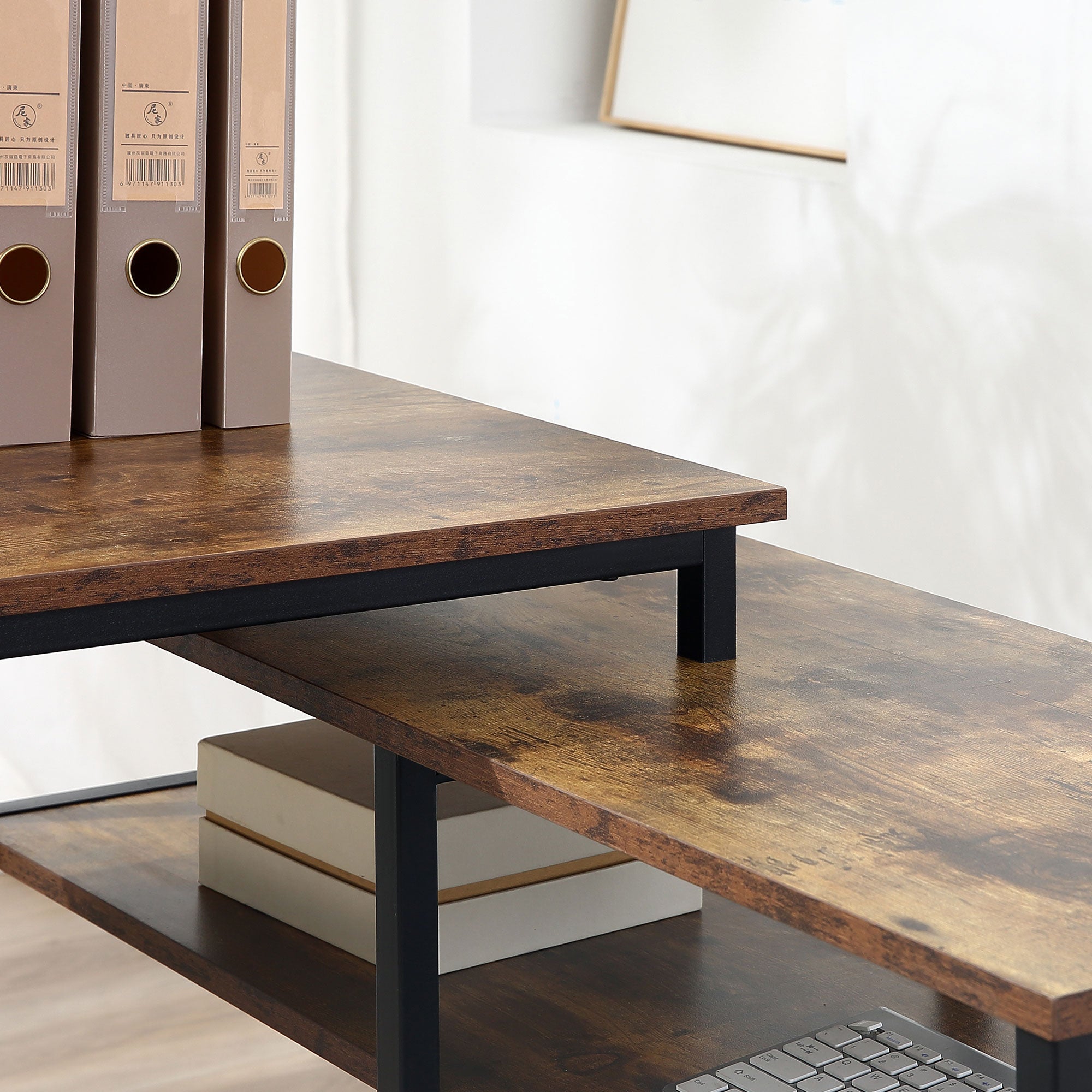 Corner Desk with Shelf and Drawer, L-Shaped, Rustic Brown Chipboard Metal